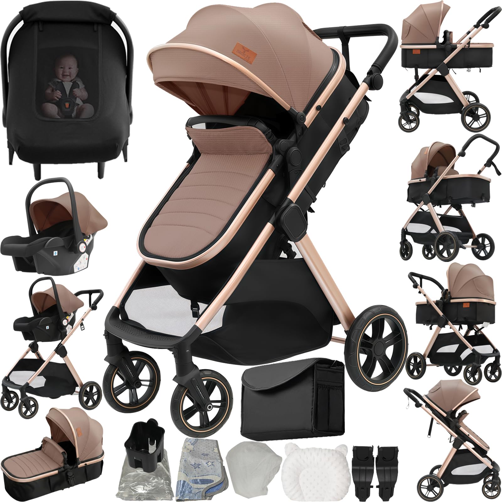Magic ZC 3 in 1 Pushchair Pram Travel System, Baby Stroller 3 in 1 with Reversible Two Pushing Modes, Newborn Infant Buggy Aluminum Frame, Toddler Carriage One-Click Folding (V10 Khaki)