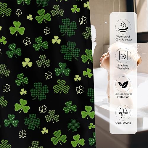 Miniatura 7 de MEHOFOND Cortina de ducha del día de San Patricio, cortina de baño de trébol irlandés, trébol de la suerte negro y verde, a cuadros, decoración de