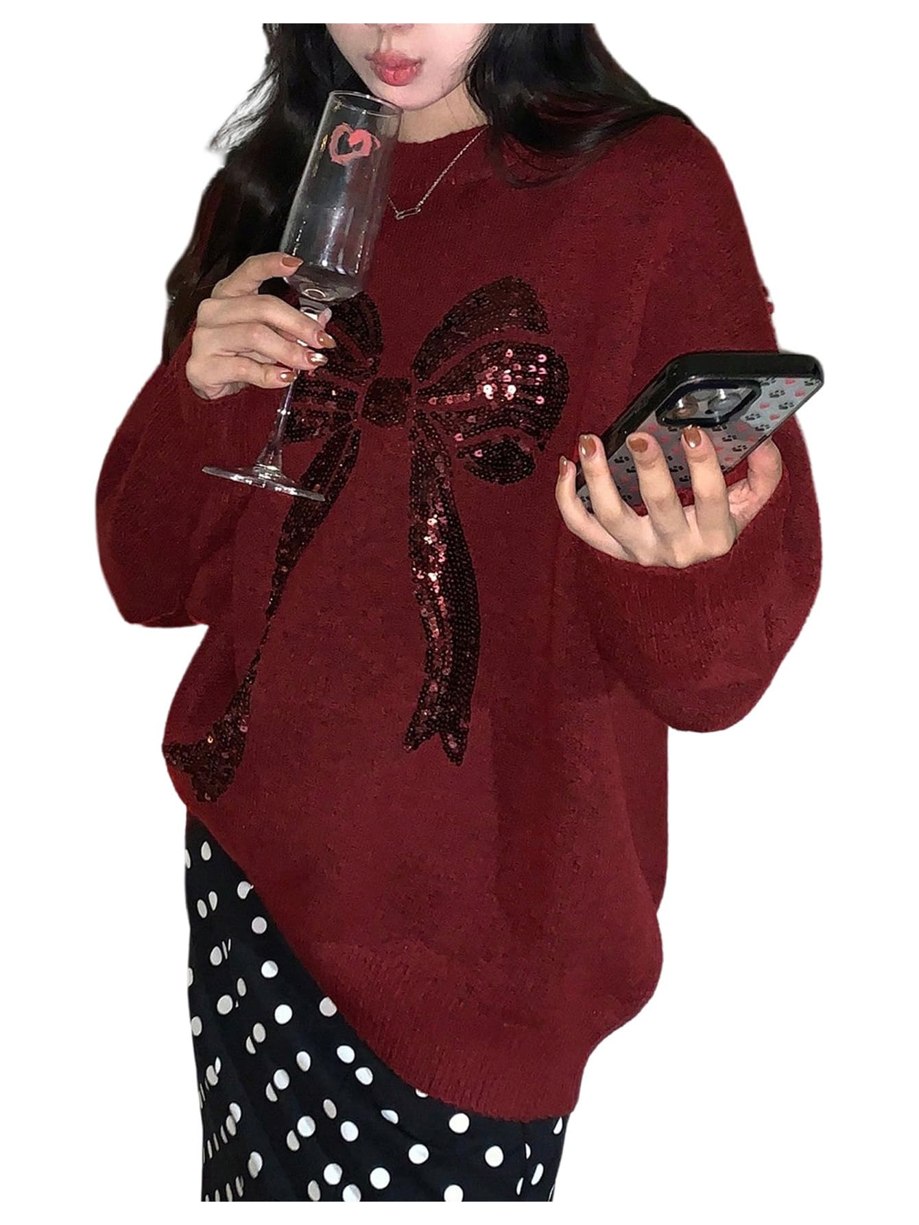 SHENHE Womens Sequin Bow Sweater Oversized Crewneck Christmas Holiday Sweater Pullover