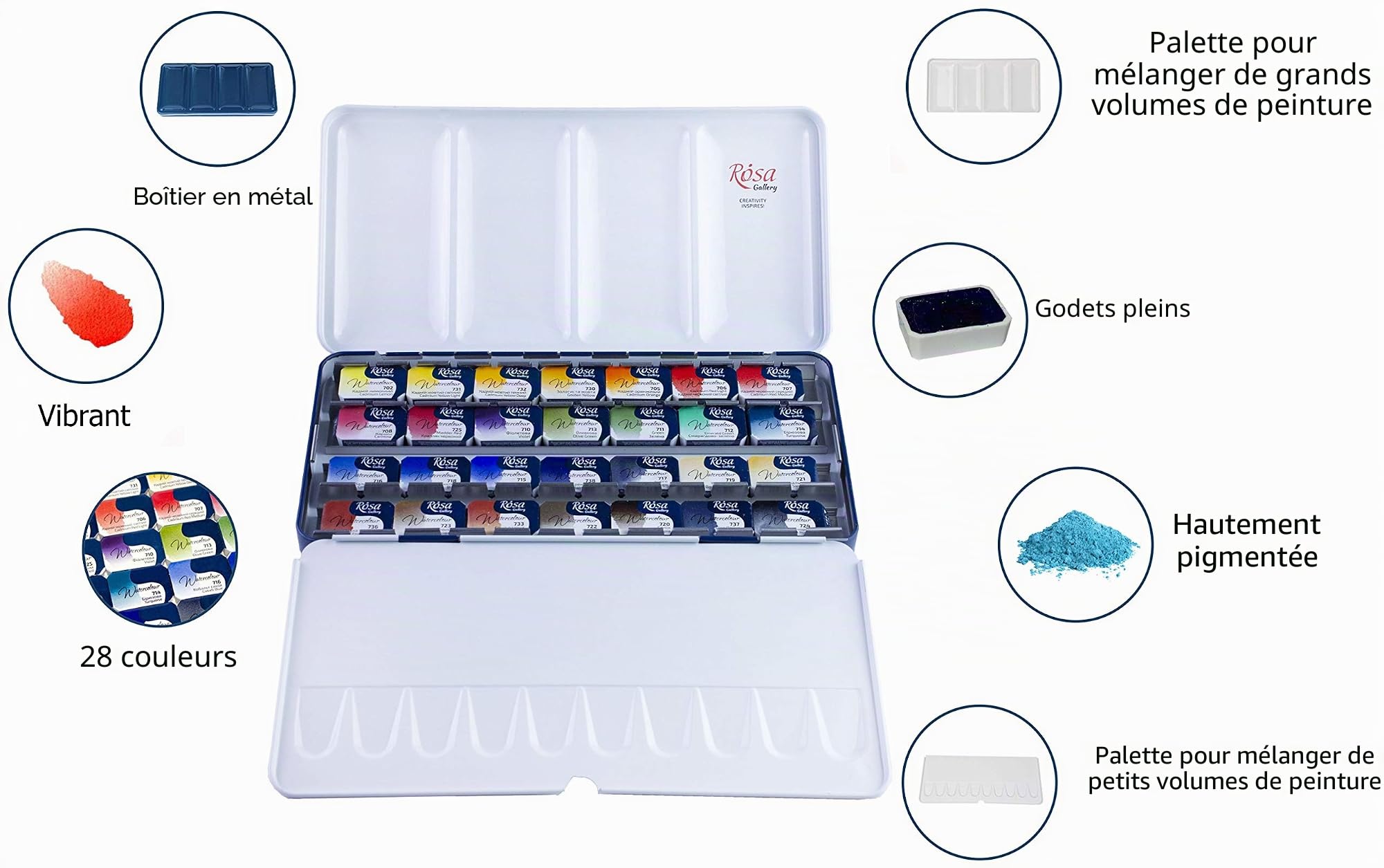 ROSA Gallery Kit de peinture aquarelle professionnelle, fabriqué en Ukraine, 28 aquarelles de 2,5 ml, kit d'aquarelle de voyage portable, peintures haute résistance à la lumière pour artistes, adultes