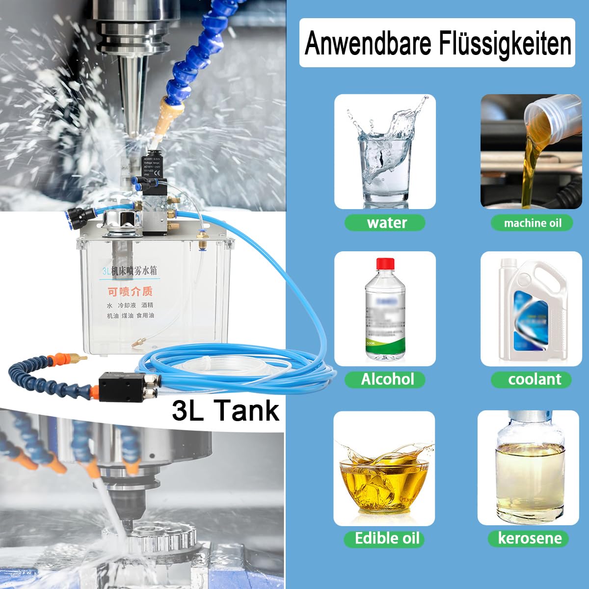 Nebel Kühlmittel Schmierung Spray System Nebel Kühlschmierstoff Sprühsystem mit 3L Tank Maschinenwerkzeug Schmiersprühsystem Sprühkühler Kühlmittelpumpe 220V für CNC Bohrmaschine Drehmaschine