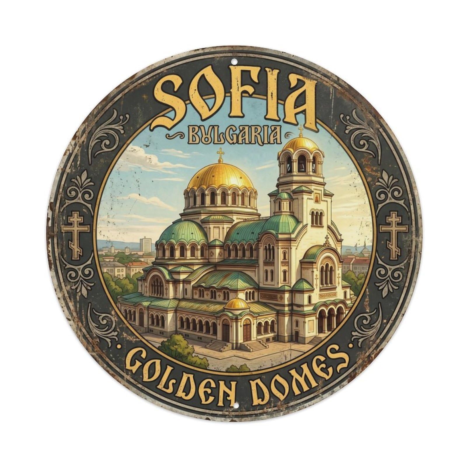 Vintage Travel Sofia Cathedral Bulgaria Metal Tin Sign Plaque Wall Decor for Cafe, Club Bar, Office, Home Garden Round Metal Poster 8x8Inch