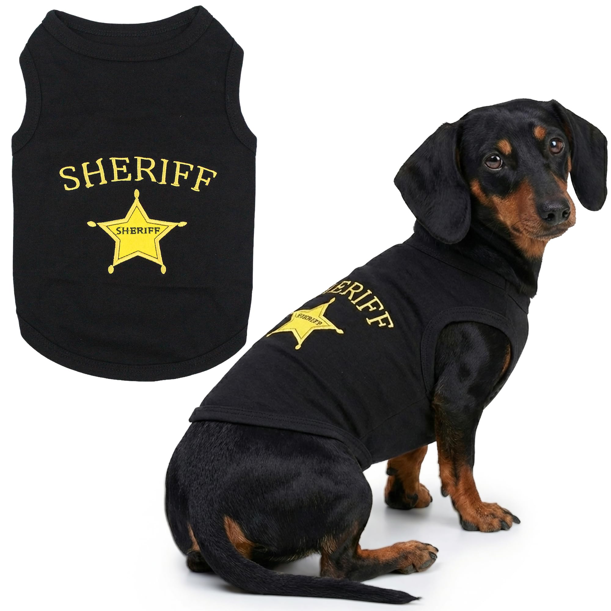 Parisian Pet Dog Tshirt - Embroidered “ Sheriff “ Dogs Apparel - Lightweight and Skin Friendly Dog Clothes - Sleeveless Doggy Tee Shirts - Machine