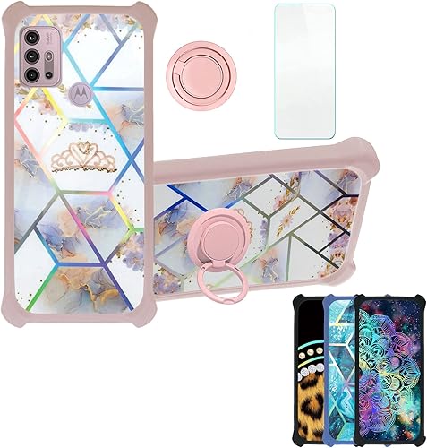 Funda para Motorola Moto G30, compatible con Motorola Moto G30, con protector de pantalla de vidrio templado, PC + TPU 2 en 1, soporte de anillo,