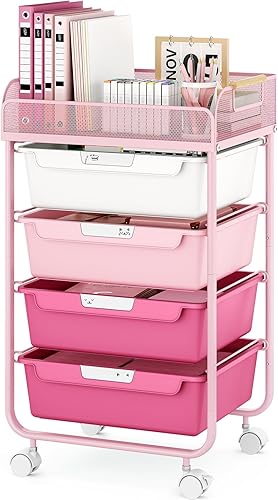 Carrito rodante con 4 cajones, carrito utilitario rodante de 4 niveles, carrito de almacenamiento rodante con parte superior de malla, carrito de