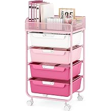 SYKIARIOL 4-Drawer Rolling Storage Cart with Mesh Top, Rose Pink