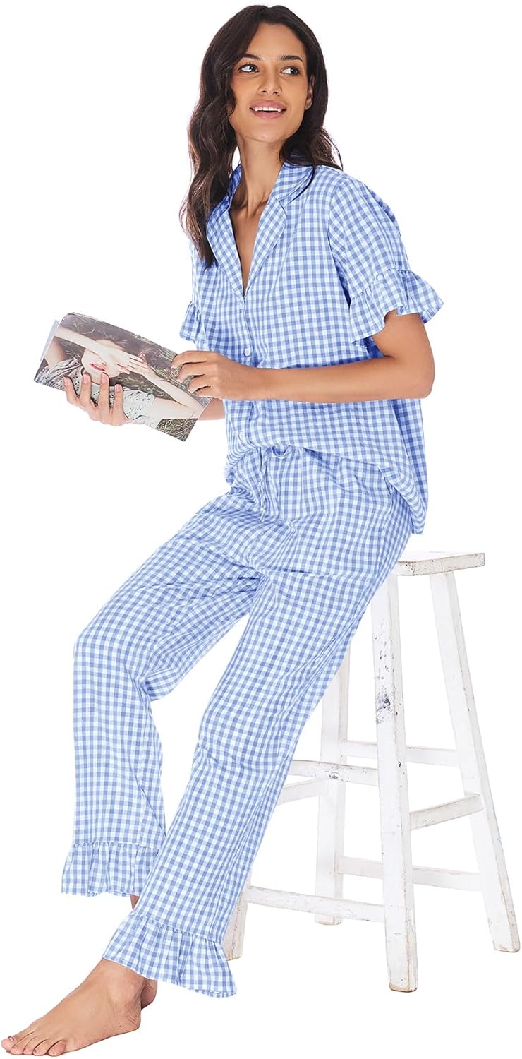 Kissonic Women Plaid Pajamas Sets 2 Piece Cotton Button Down Short Sleeve Shirt Ruffle Pants Gingham Pjs Lounge Set - Image 5