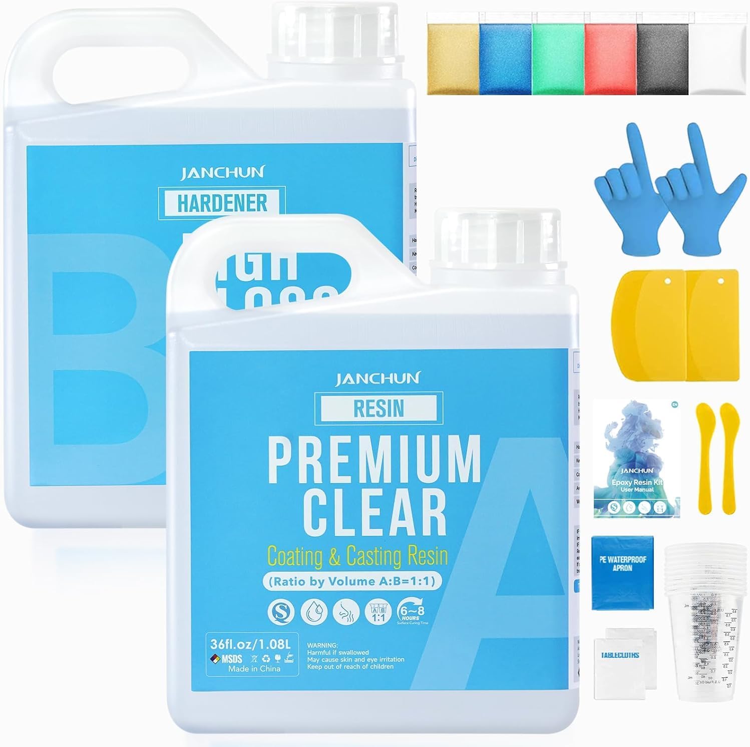 JANCHUN Crystal Clear Epoxy Resin Kit 72OZ, Bubble-Free, Anti-Yellowing, Self Leveling Easy Mix 1:1 Coating and Casting Resin for Table Top, Molds, Tumbler Crafts, Painting, Jewelry, DIY Gifts