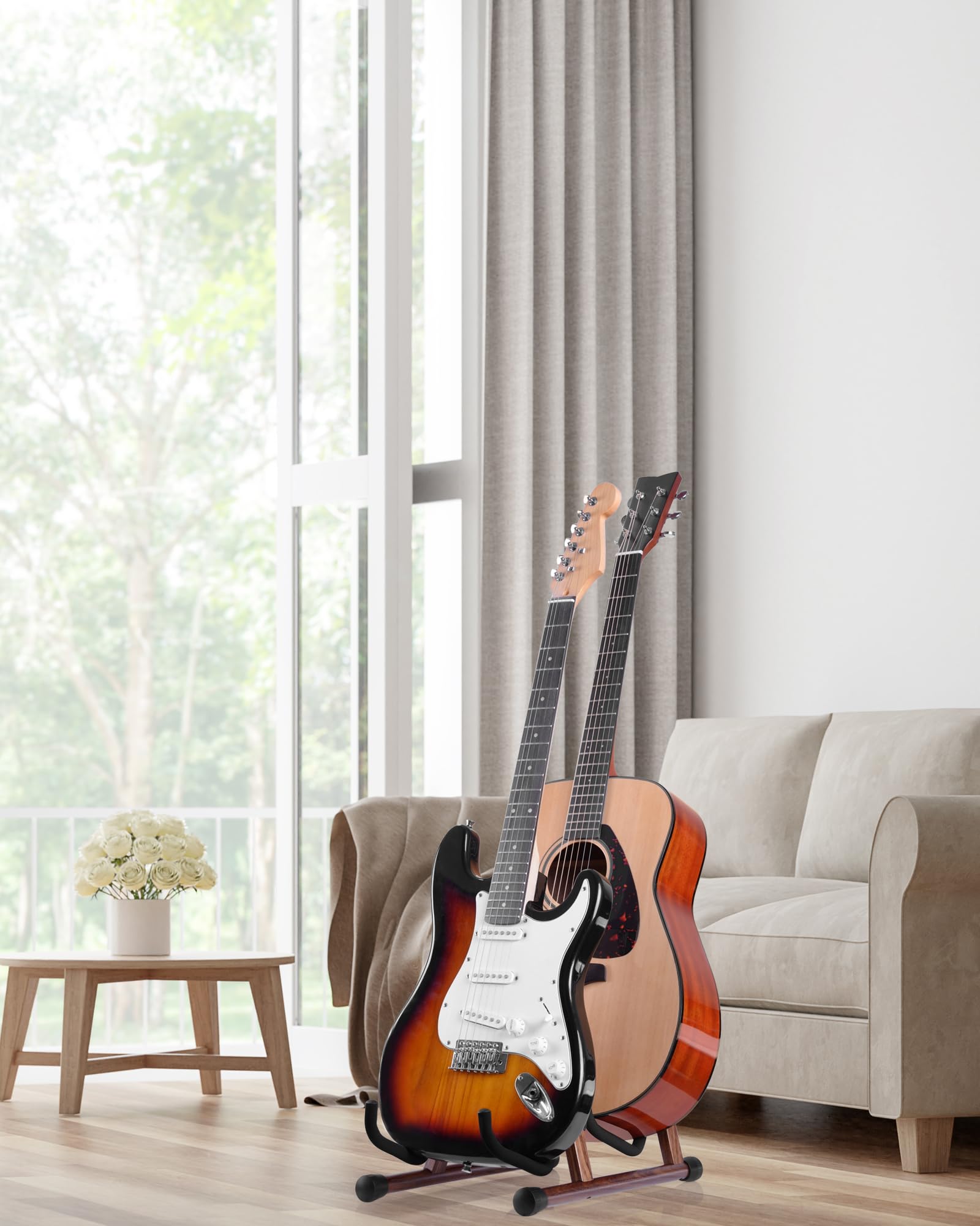 Soporte doble para guitarra en forma de A para 2 guitarras (acústica/bajo eléctrico/banjo) con almohadilla de espuma – Soporte de suelo fuerte para estudio y hogar