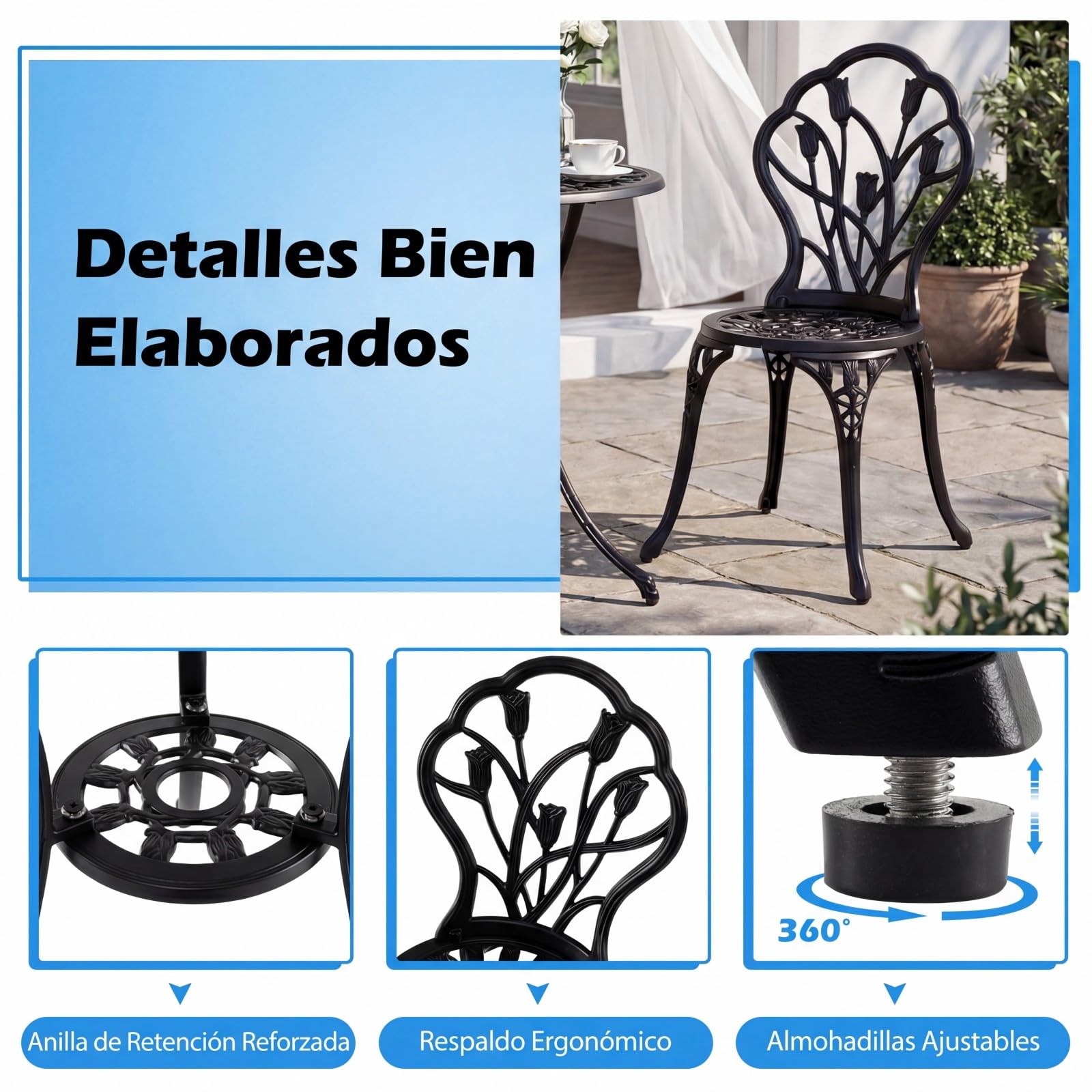 COSTWAY Conjunto Jardin Exterior de 3 Piezas, Aluminio Fundido, Mesa y 2 Sillas Jardin con Orificio para Sombrilla, Set de Bistro Balcon Terraza Espacios Pequeños, Diseño de Tulipán, Vintage