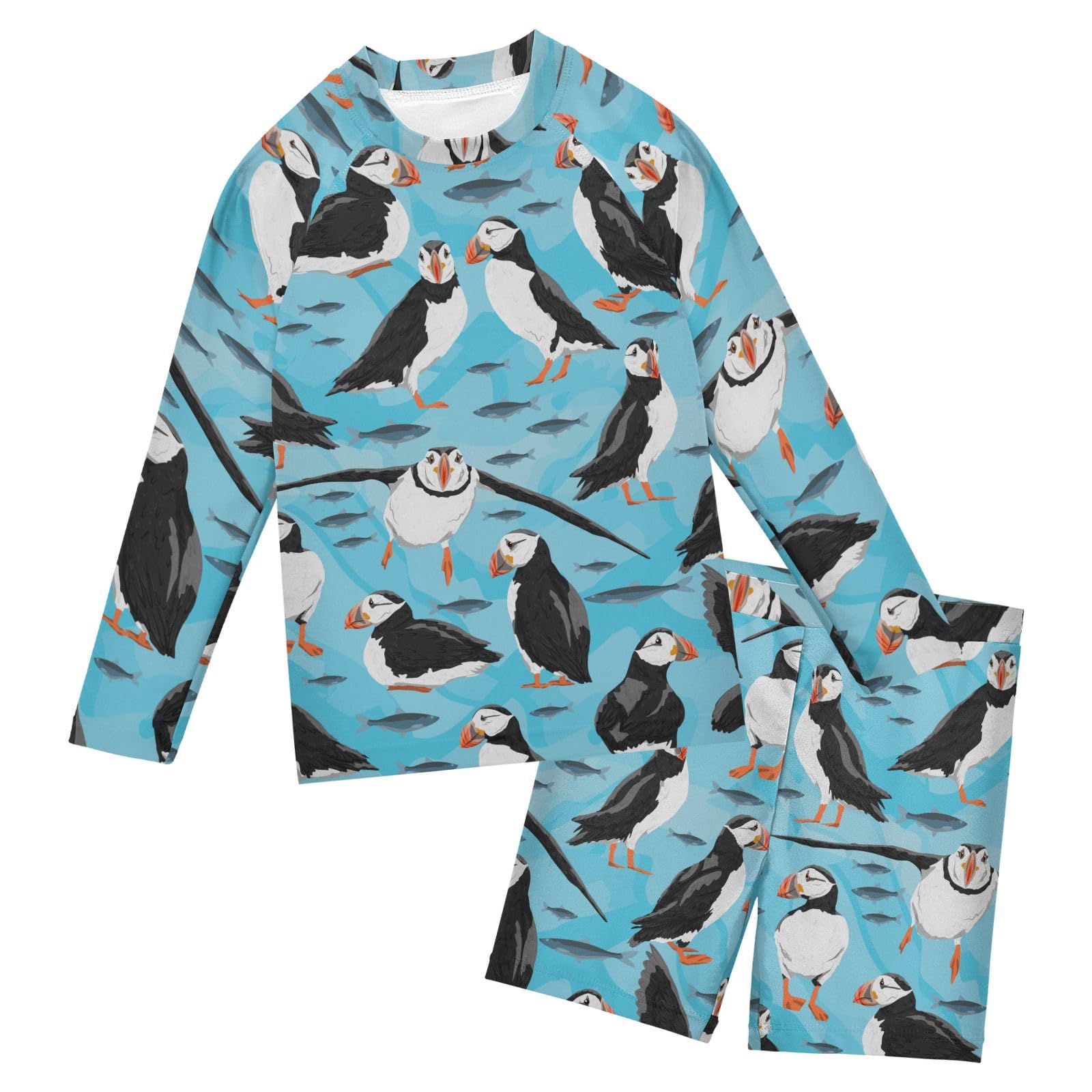 Aflyko Boys 2-Piece Swimwear Puffin Bird Watercolor Fish Rashguard Set Swim Trunks with Shirt Soft Fabric Board Shorts Comfy for Everyday Swimmer, 5-6T Multicoloured