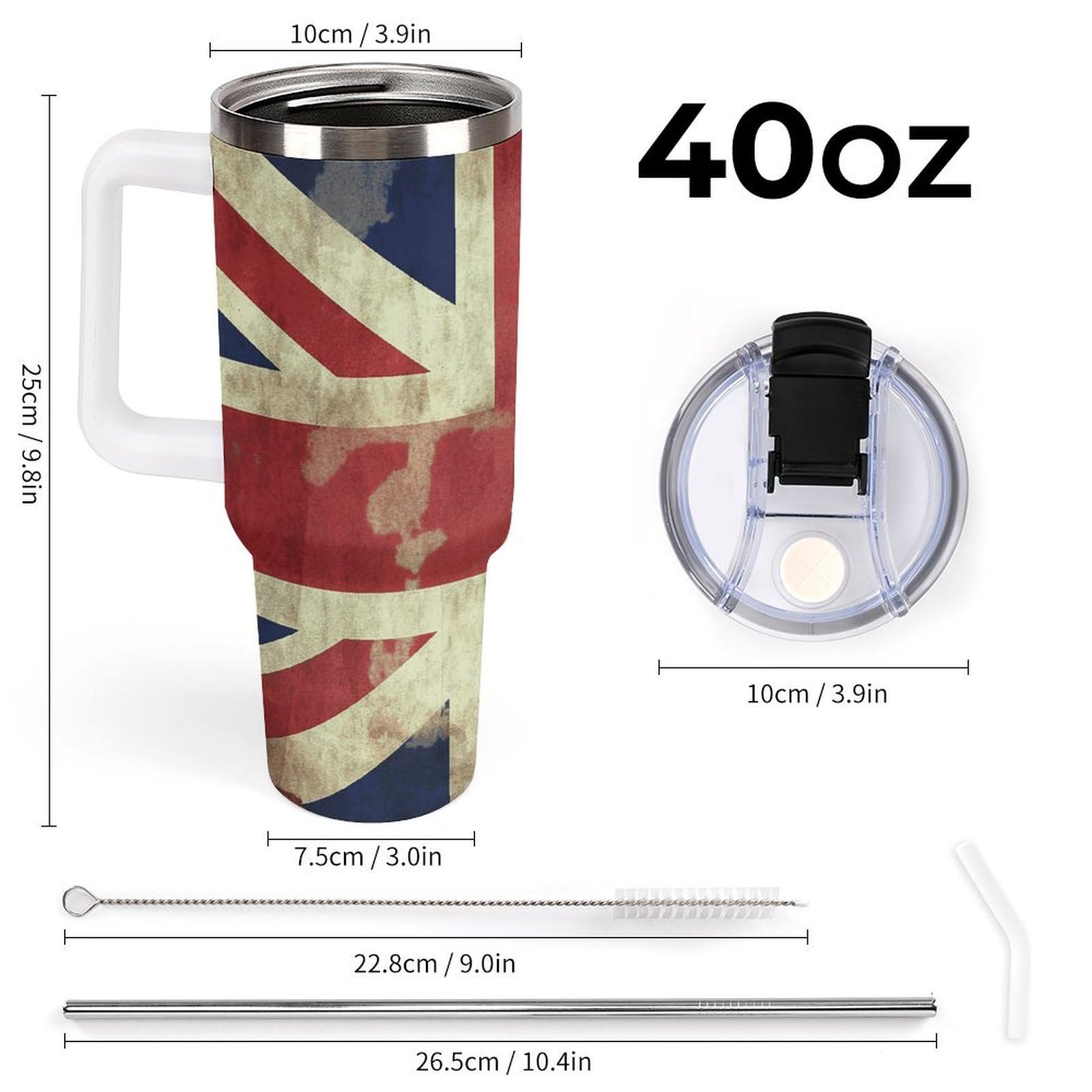 Autobecher aus 304 Edelstahl, Vintage-Stil, britische Flagge, Trinkhalm und auslaufsicherer Deckel, großes Fassungsvermögen, vakuumisolierter Reisebecher für Auto-Becherhalter, 1,2 l