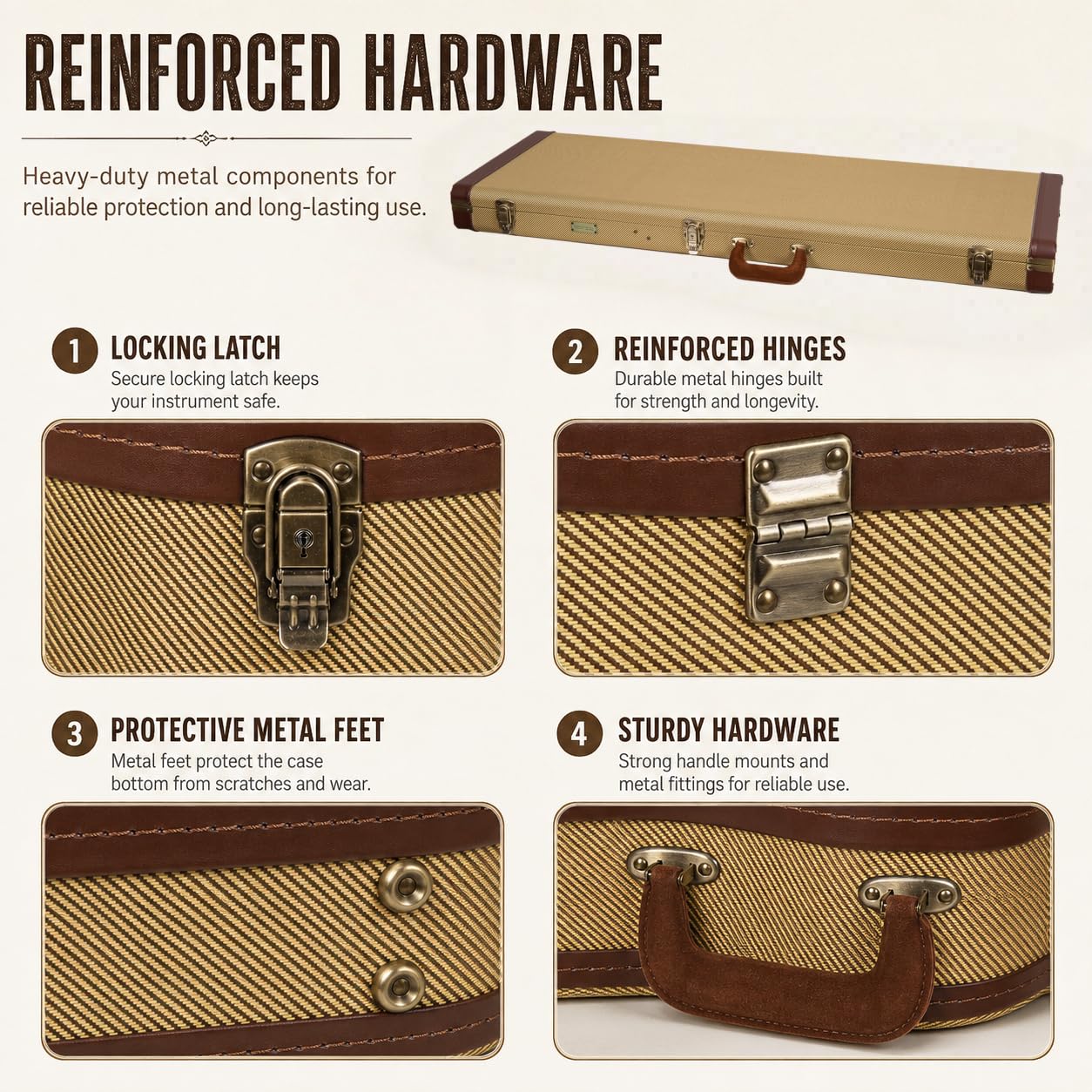 Crossrock Etui na gitarę elektryczną Master Series do Fender Stratocaster i Telecaster, tkanina tweedowa na zewnątrz, przeprojektowana drewniana powłoka, skórzany uchwyt (CRW720EFT)