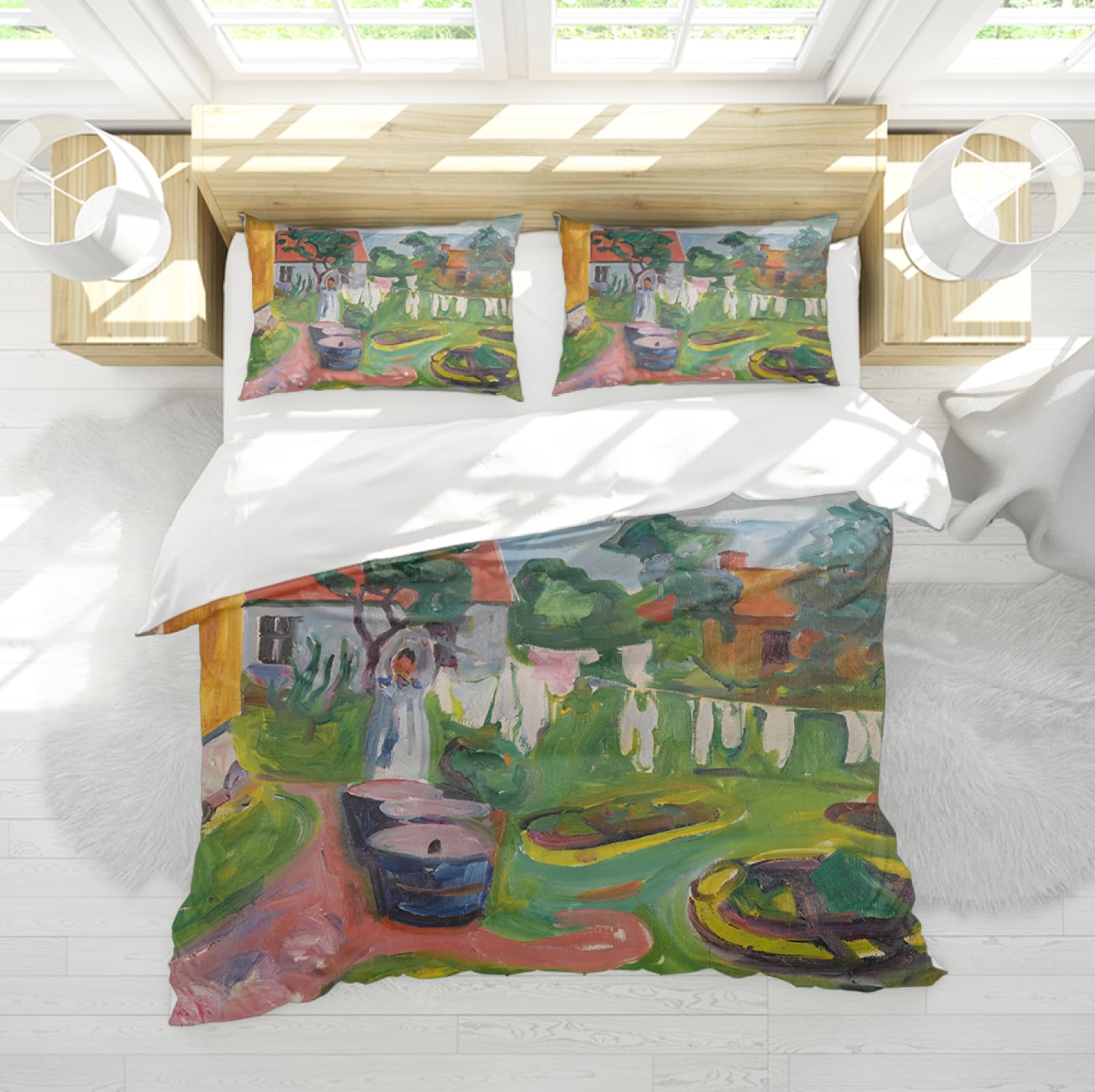 Housse de couette 260x220cm verte motif Edvard Munch avec 2 taies d'oreiller