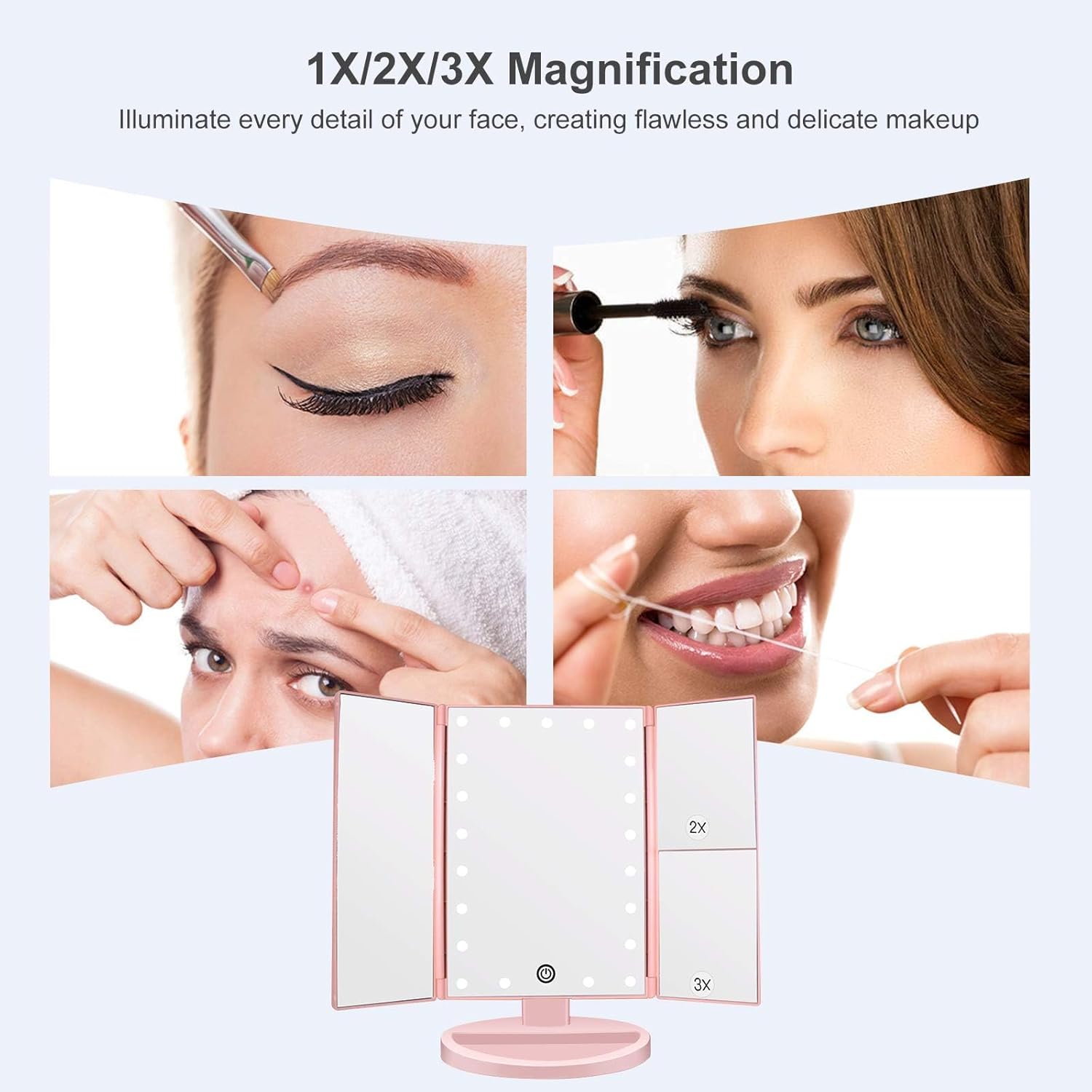 WEILY Makeup Mirror with 21 LED Lights,Two Power Supply Modes, Adjustable Touch Screen and 1x/2x/3x Magnification Tri-Fold Vanity Mirror, Chargeable Travel Cosmetic Mirror for Desktop (Pink)