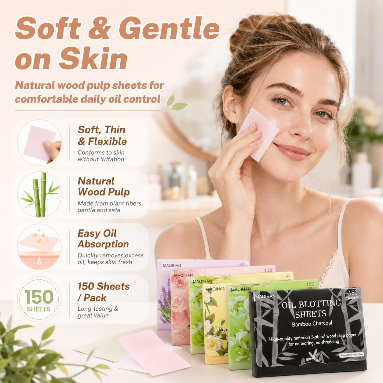 5 Packs Oil Blotting Sheets for Face - MAQIHAN 5 Scents,750 Counts Oil Absorbing Sheets Blotting Paper for Oily Control Skin Paper Face Oil Sheets Premium Bamboo Charcoal Blotter Paper for Women