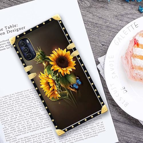 Miniatura 5 de Funda para Motorola Moto G 5G 2022, diseño de girasoles de mariposa azul, 1 funda cuadrada para niñas y mujeres, funda decorativa de metal de lujo,