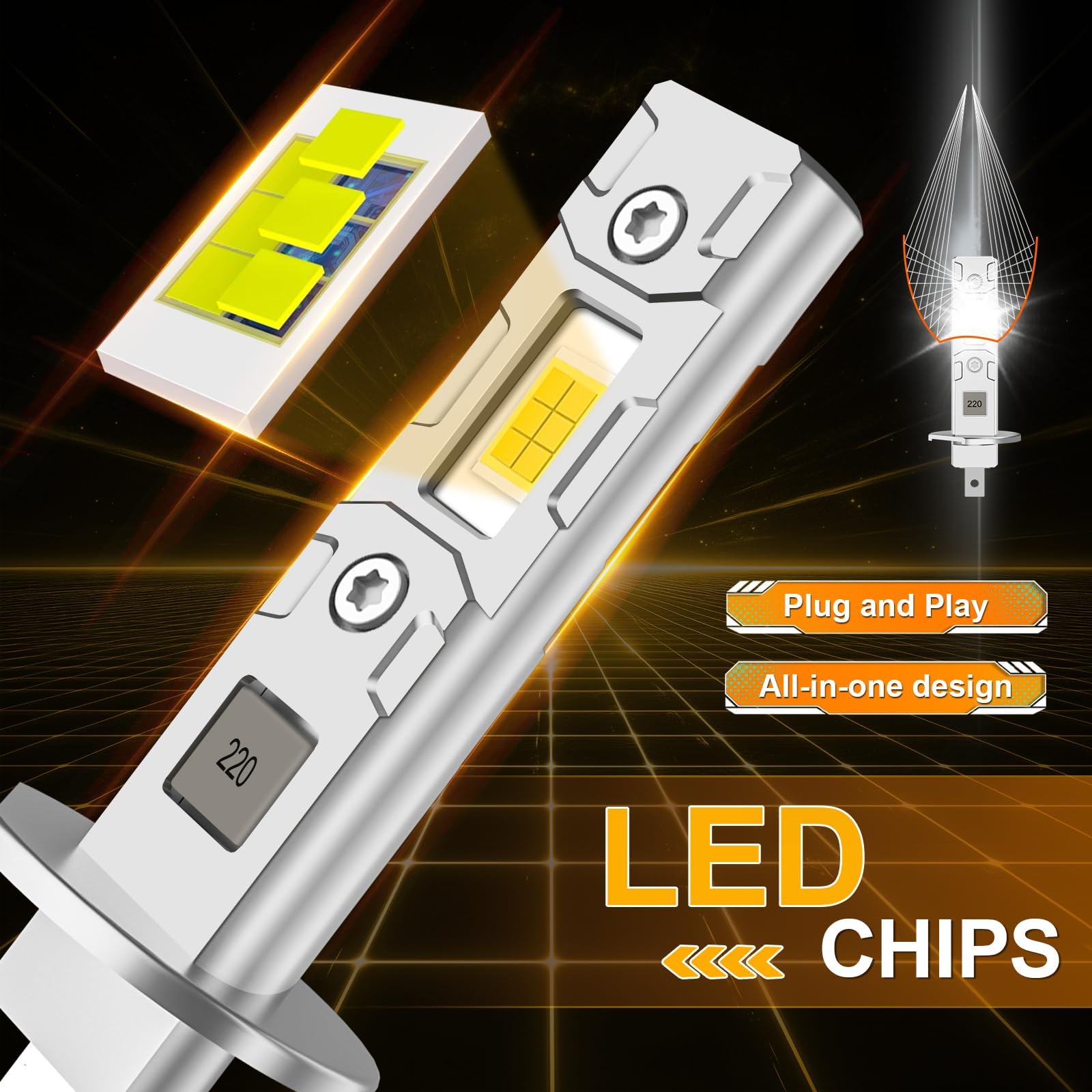 AUXIRACER H1 LED, 32000LM 6500K Blanco, Bombilla LED H1 500% Brillante 9-24V, Mini Formato 1:1, Plug and Play, Lámpara para Faros de Coche y Moto, 2 Piezas