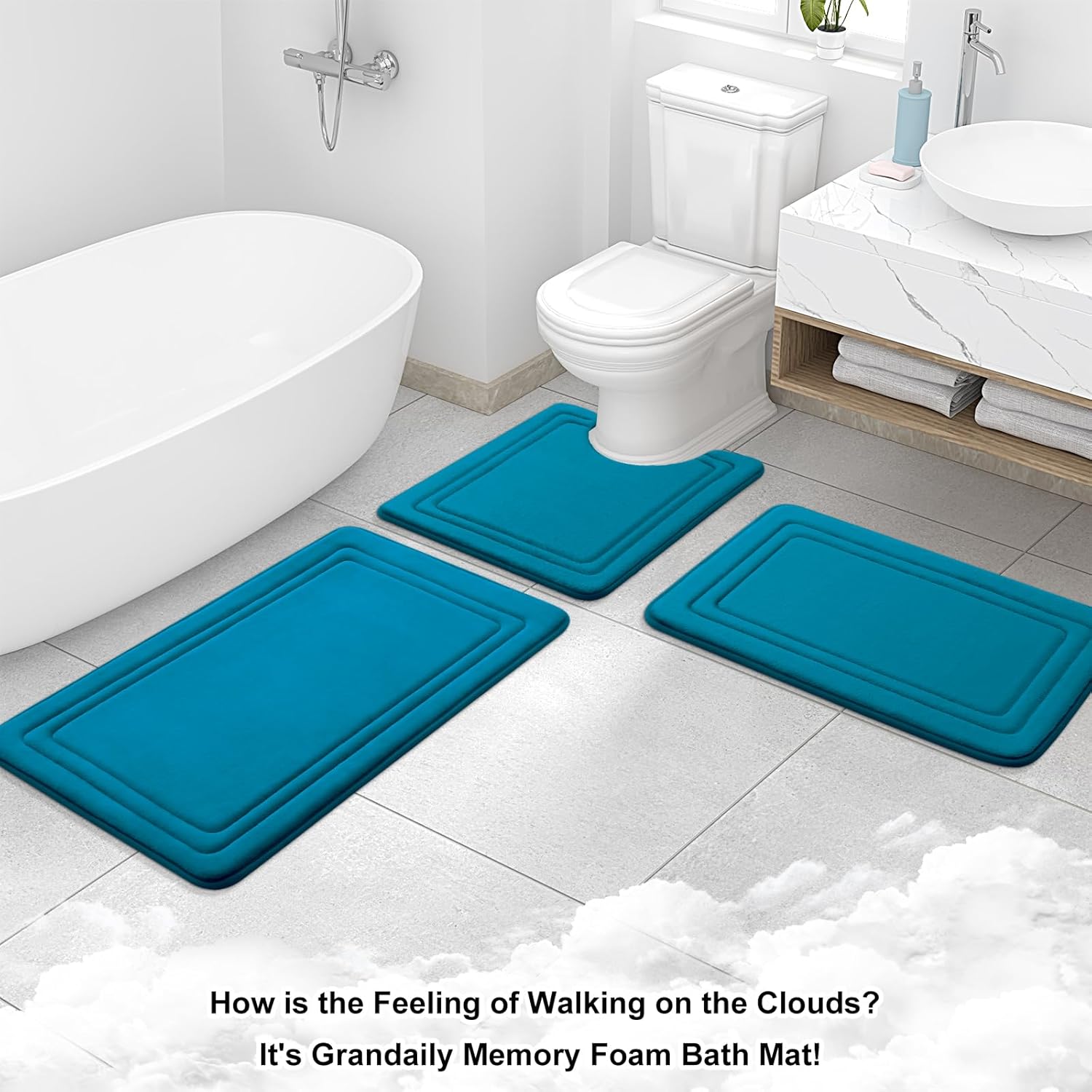 Grandaily Memory Foam Bath Mat Rug 24x16, Ultra Soft, Non-Slip and Absorbent Bathroom Rugs, Machine Wash Dry, Comfortable Bath Carpet for Bathroom Floor, Tub and Shower, Peacock Blue - Image 9