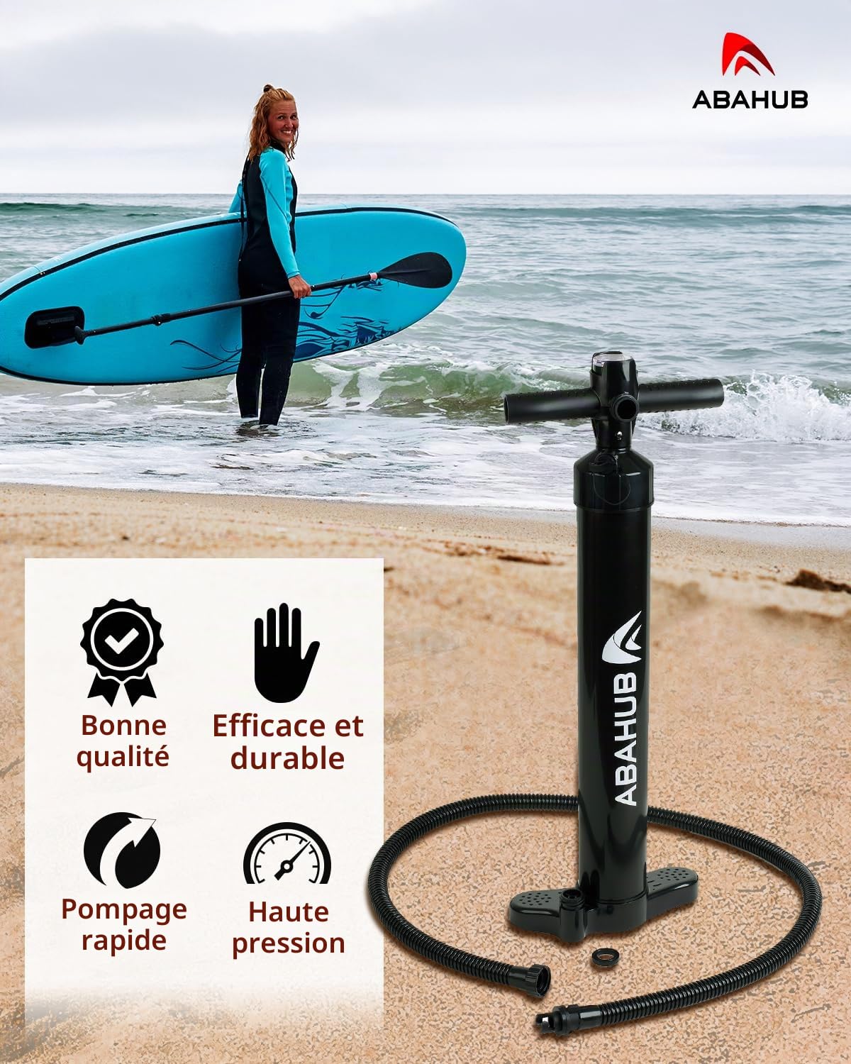 Abahub Sup Pompe à Main Double Course Pompe à Air de Surf pour Le Gonflage pour Planche à Pagaie Planche de Sup Board-Pompe Haute Pression à Double Action avec Manomètre