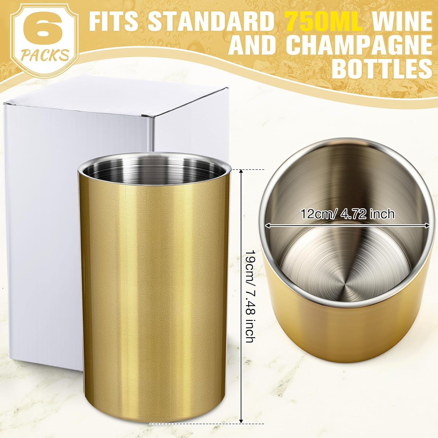 6 Pack Wine Chiller Bucket Wine Bottles Cooler Bulk, Stainless Steel Double Wall Insulated Champagne Ice Bucket for Parties,Fits for 750 ml Bottles (Gold) - Image 2