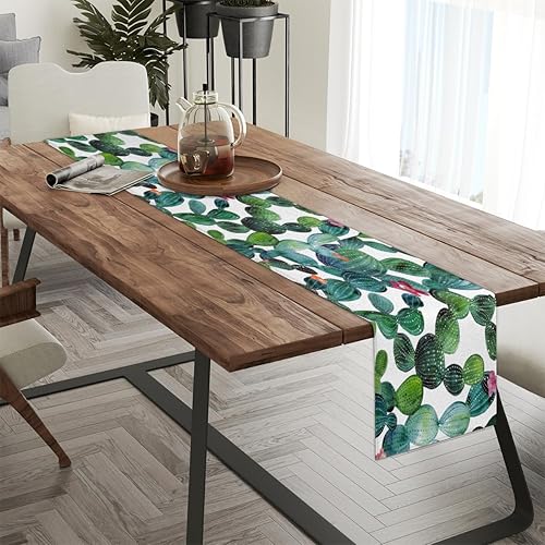 Miniatura 3 de Table Runner Tropical Cactus Pattern, Rustic Linen Table Cloth, Kitchen Dining Table Decoration for Home Party Decor 13 x 48 Inches