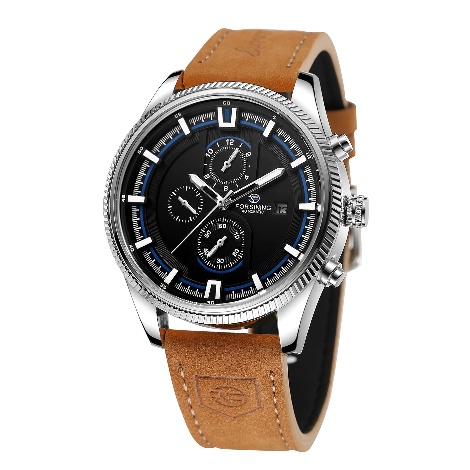 FORSINING Herren Automatik Tourbillon Wasserdicht Kalender mit braunem Lederband Armbanduhr