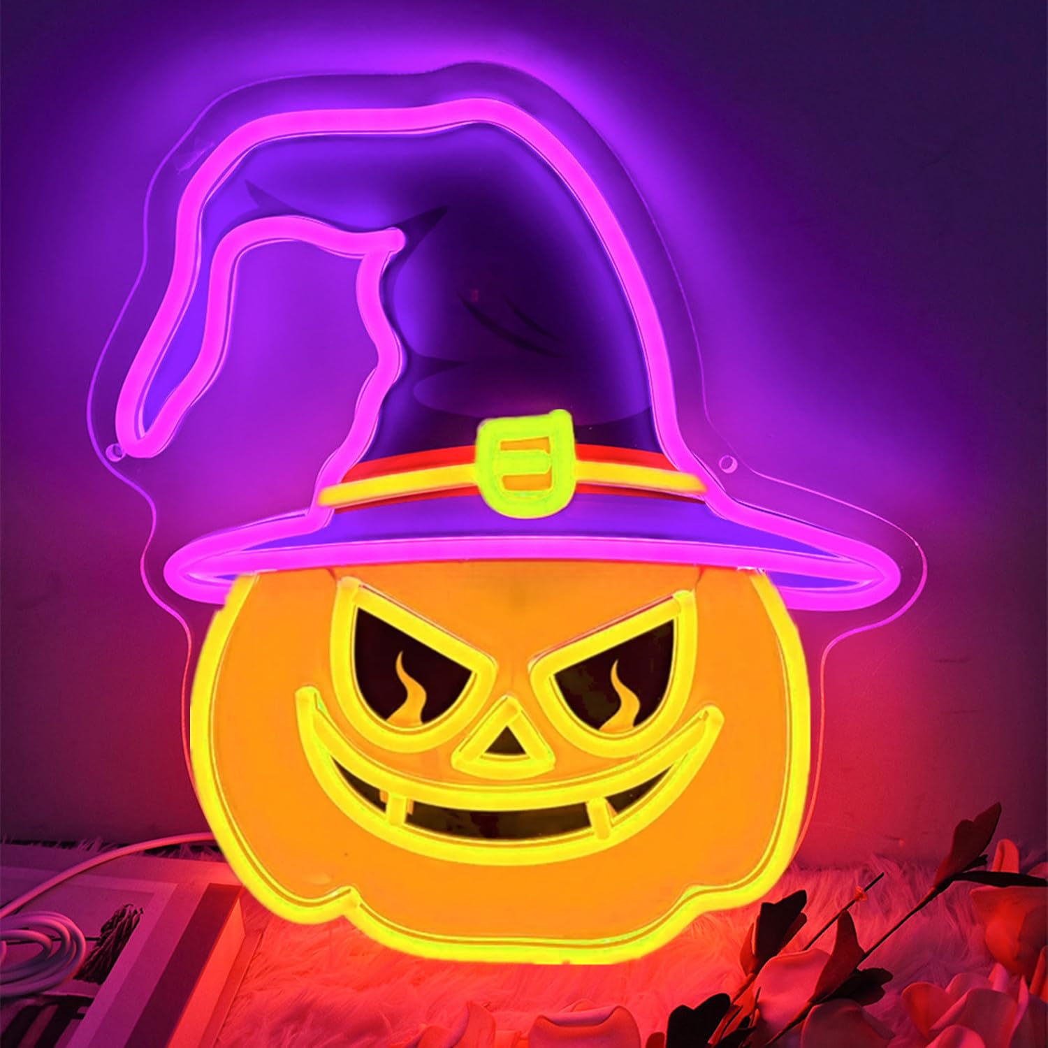 HFHungkeong Halloween Decorations LED Pumpkin Neon Light Sign for Halloween Fall Party Indoor Home Fireplace Window Wall Door Hanging Decor,5V USB Powered โ image 1