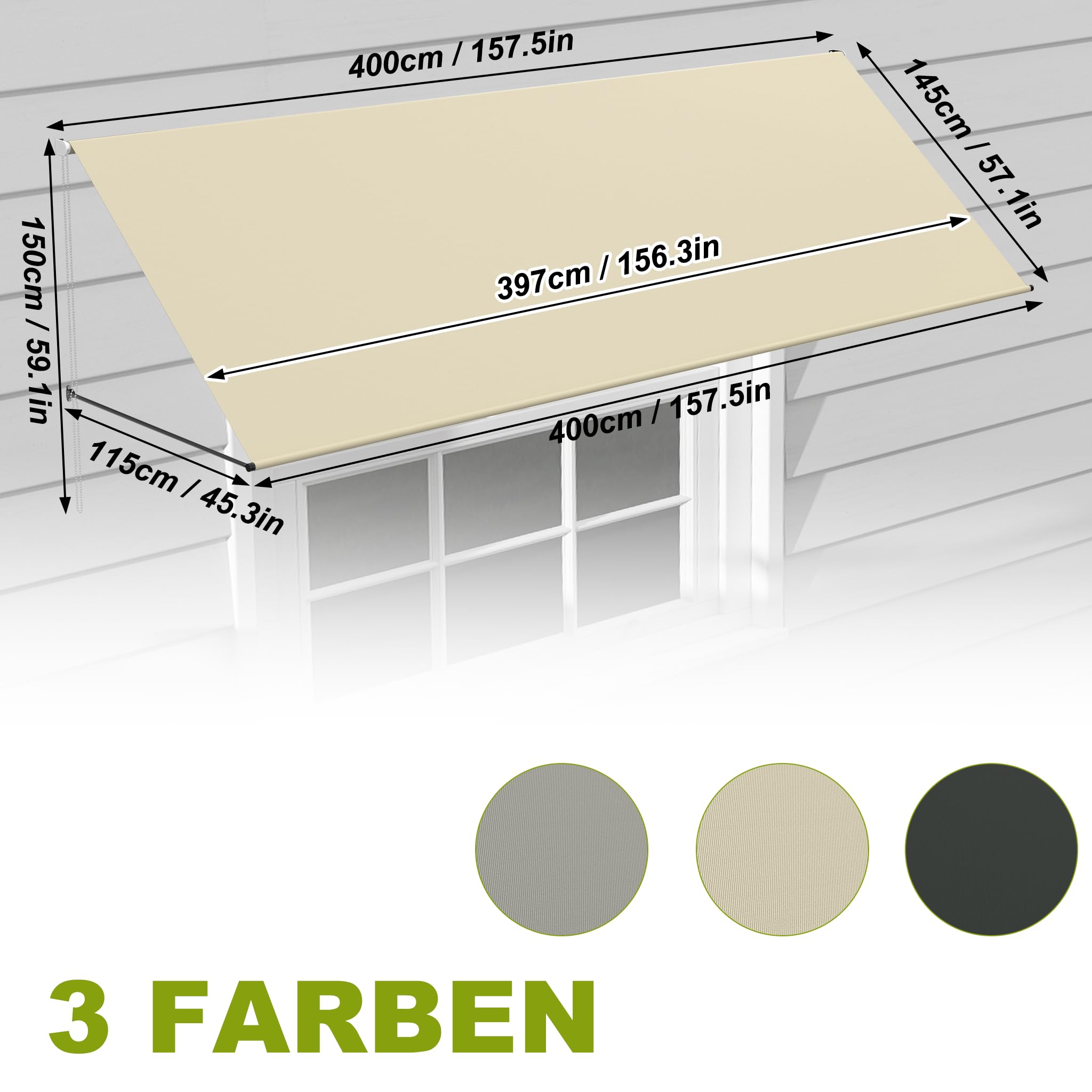 Aufun Tenda da sole retrattile, tenda da sole per finestra, con cordoncino e asta di supporto in alluminio, per terrazza, balcone, giardino, beige, 400 x 145 cm