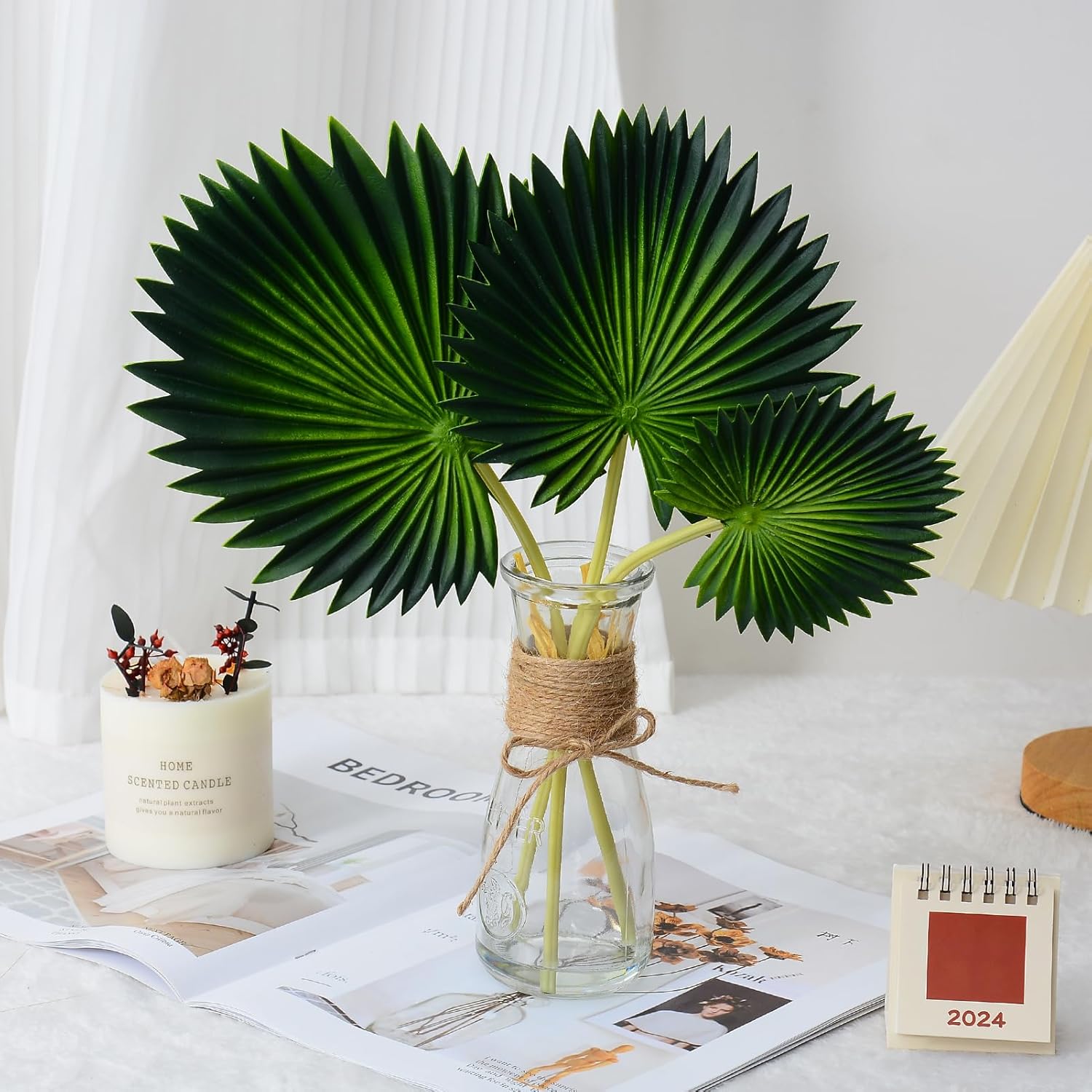 Artificial Palm Leaves in Glass Vase with Faux Water for Table Centerpieces, Fake Palm Stems and Leaves Greenery in Vase for Home Office Decor - Image 4