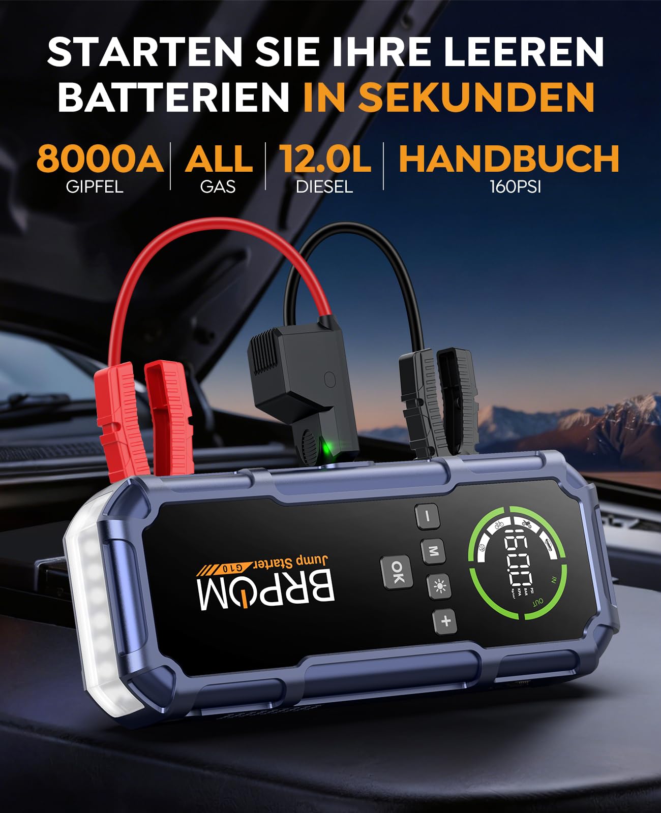 BRPOM Starthilfe Powerbank für Pkw mit Kompressor 160PSI,8000A Auto Starthilfe Powerbank für All Benzin und 12.0L Dieselmotor,Starter Powerbank Eingang/Ausgang und 600LUM LED-Licht Lila