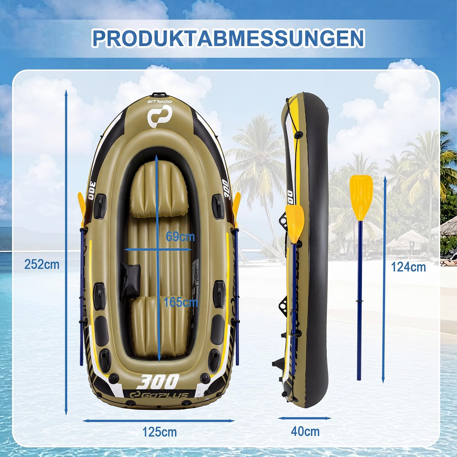 COSTWAY Schlauchboot für 2 Personen, aufblasbares Boot mit 2 Paddeln, Handpumpe, Fischmaßbändern & Angelrutenhaltern, 252 x 125 x 40 cm