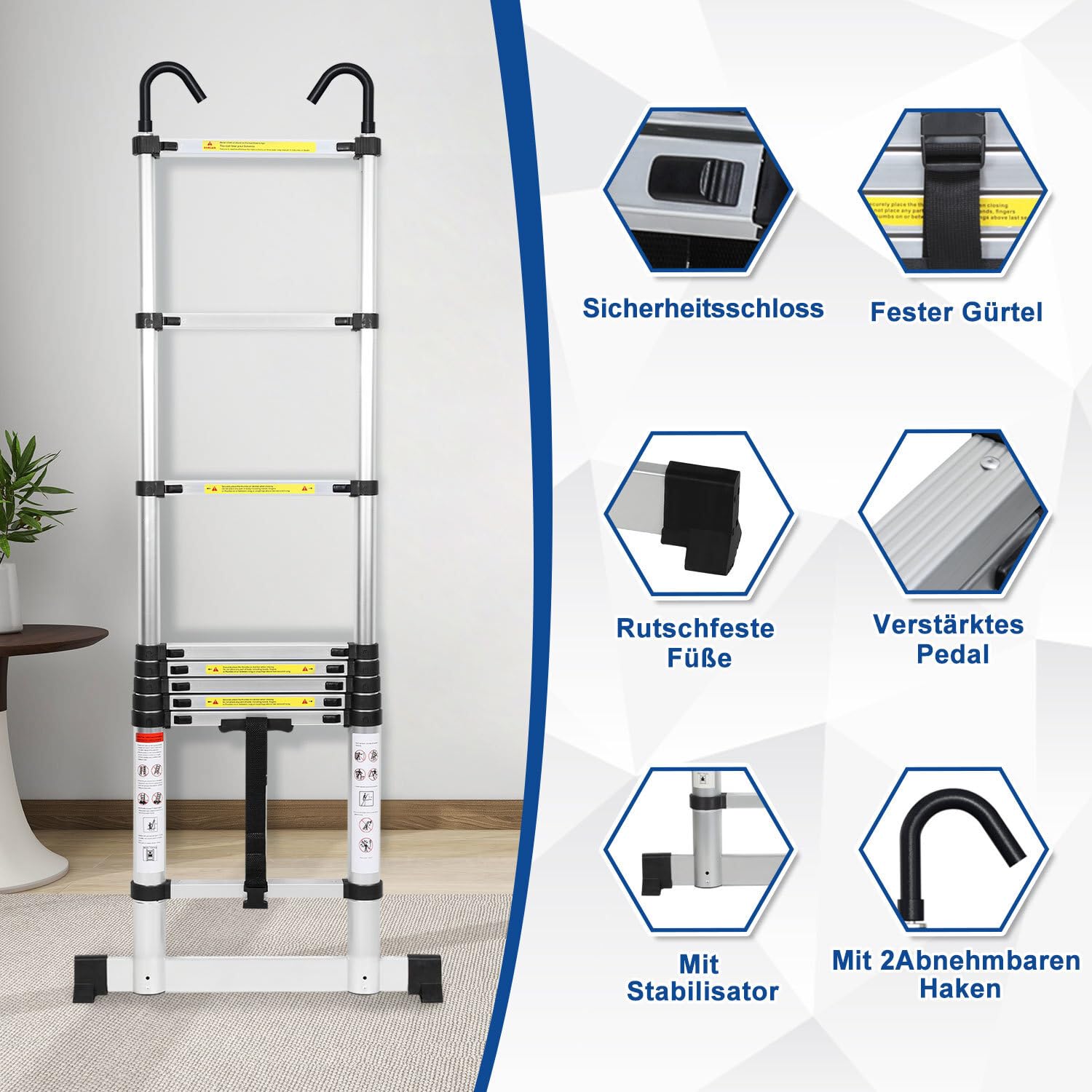 Drabina teleskopowa 2,6 m, aluminiowa drabina wielofunkcyjna z 2 zdejmowanymi hakami, drabina teleskopowa, nośność 150 kg, antypoślizgowa, srebrna
