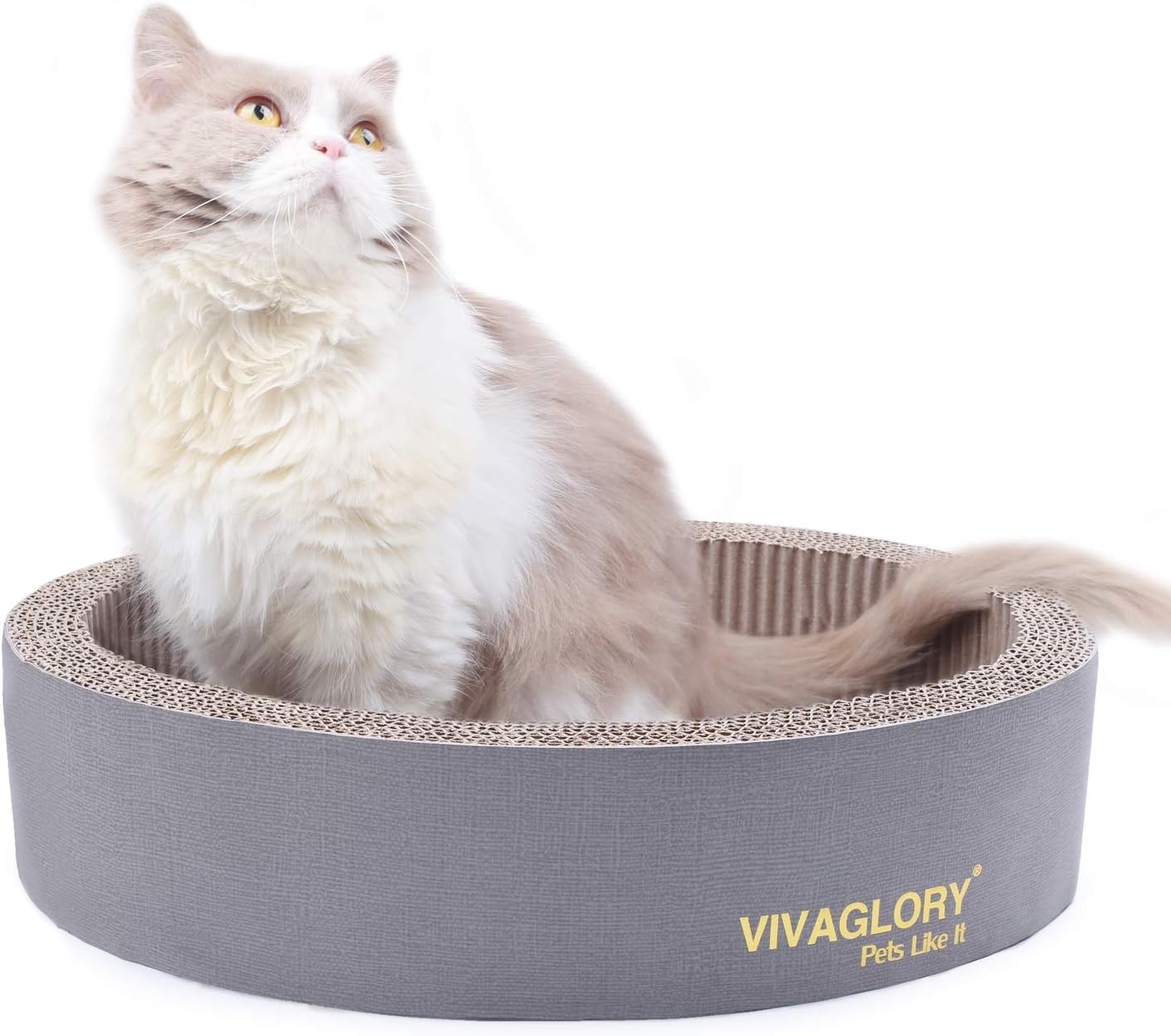 Vivaglory Oval Cat Scratcher Cardboard, Durable Cat Scratch Lounger Scratching Bed with Catnip for Small & Medium Sized Cats, Grey