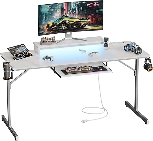 Miniatura 81 de Bestier Escritorio para juegos de 42 pulgadas con luces LED, mesa de juegos para computadora pequeña con estante para monitor, escritorio para Fibra