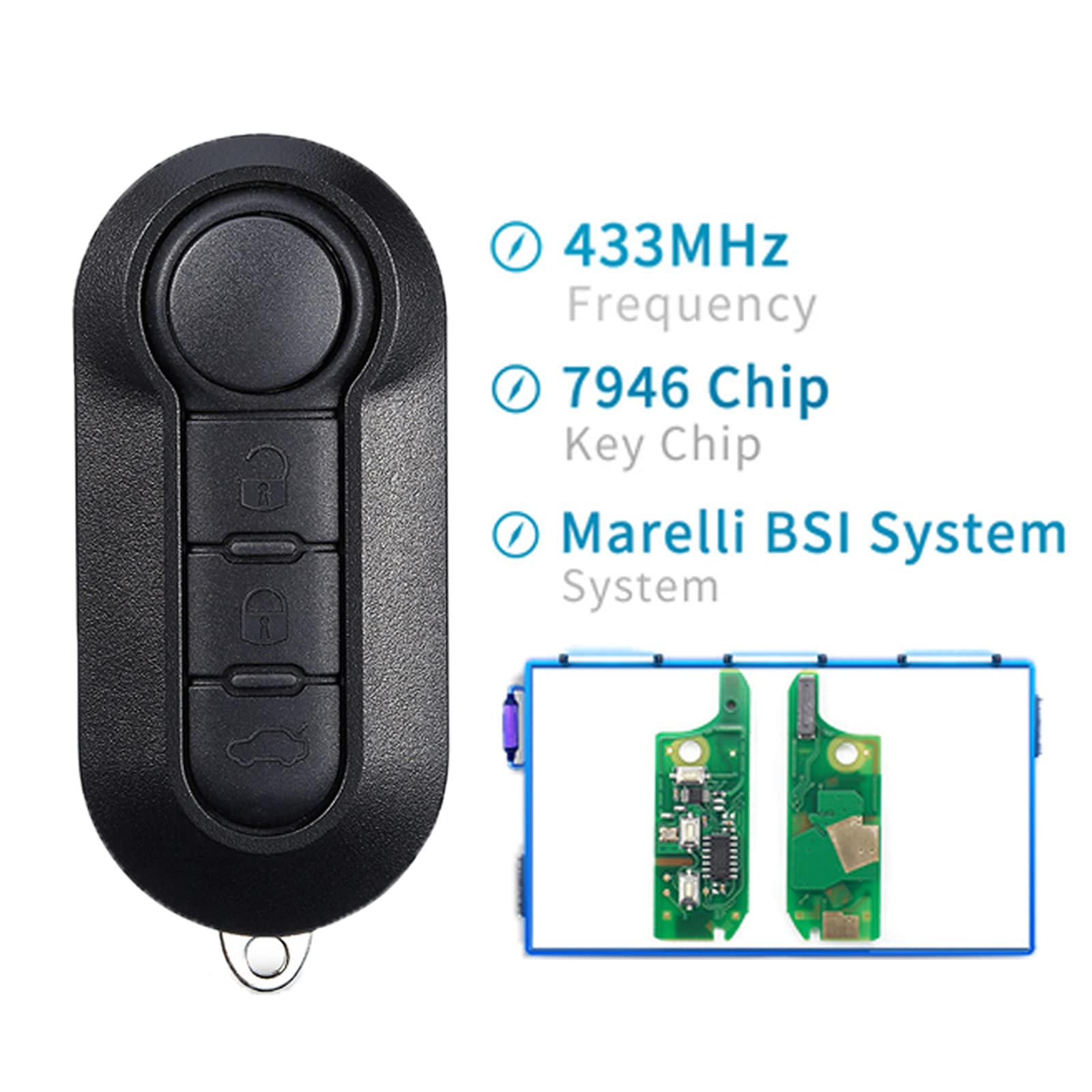 Heart Horse Coque de Clé de Voiture Fiat Clé de Rechange Télécommande 3 Boutons pour Fiat 500 L Doblò Ducato Panda Grande Punto Evo Boitier Cléf avec 433Mhz PCF7946 Puce et Batterie - Marelli BSI