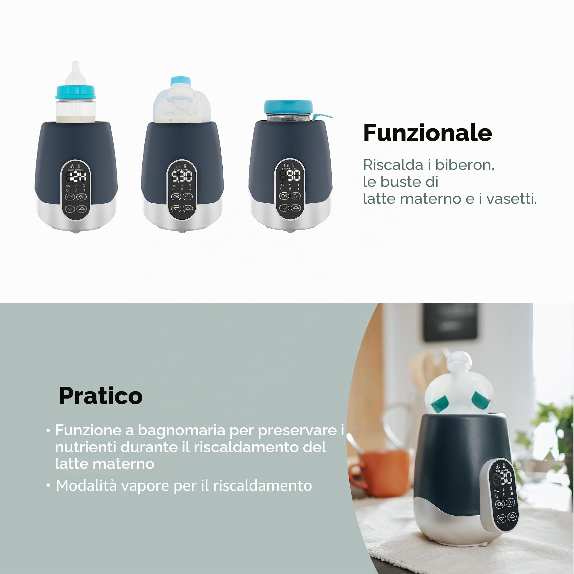 Babymoov NutriSmart - Scaldasalviette e latte materno - Bagno Maria/Vapore - Programmabile - Casa & Auto