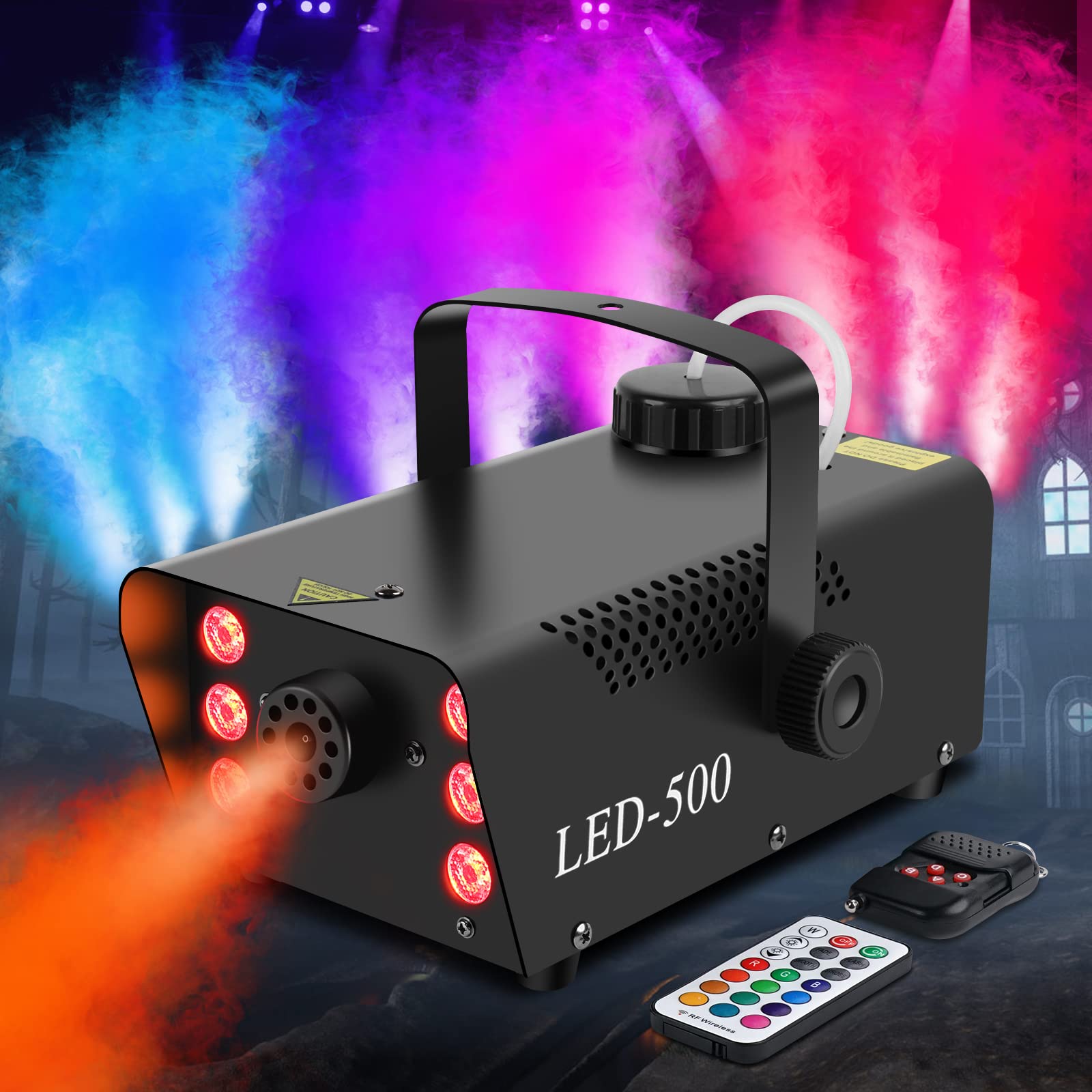 Fog Machine Halloween 500W Smoke Machine with 6 LED Light 12 Color Effect wired and Wireless Remote Control