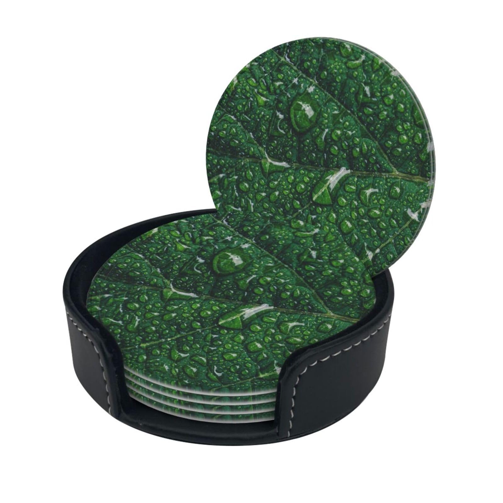 Wquvmds White Green Leaves Print Coasters For Drinks With Holder Set Of 6, Pu Leather Coasters Drink Coasters Cup Pad Mats