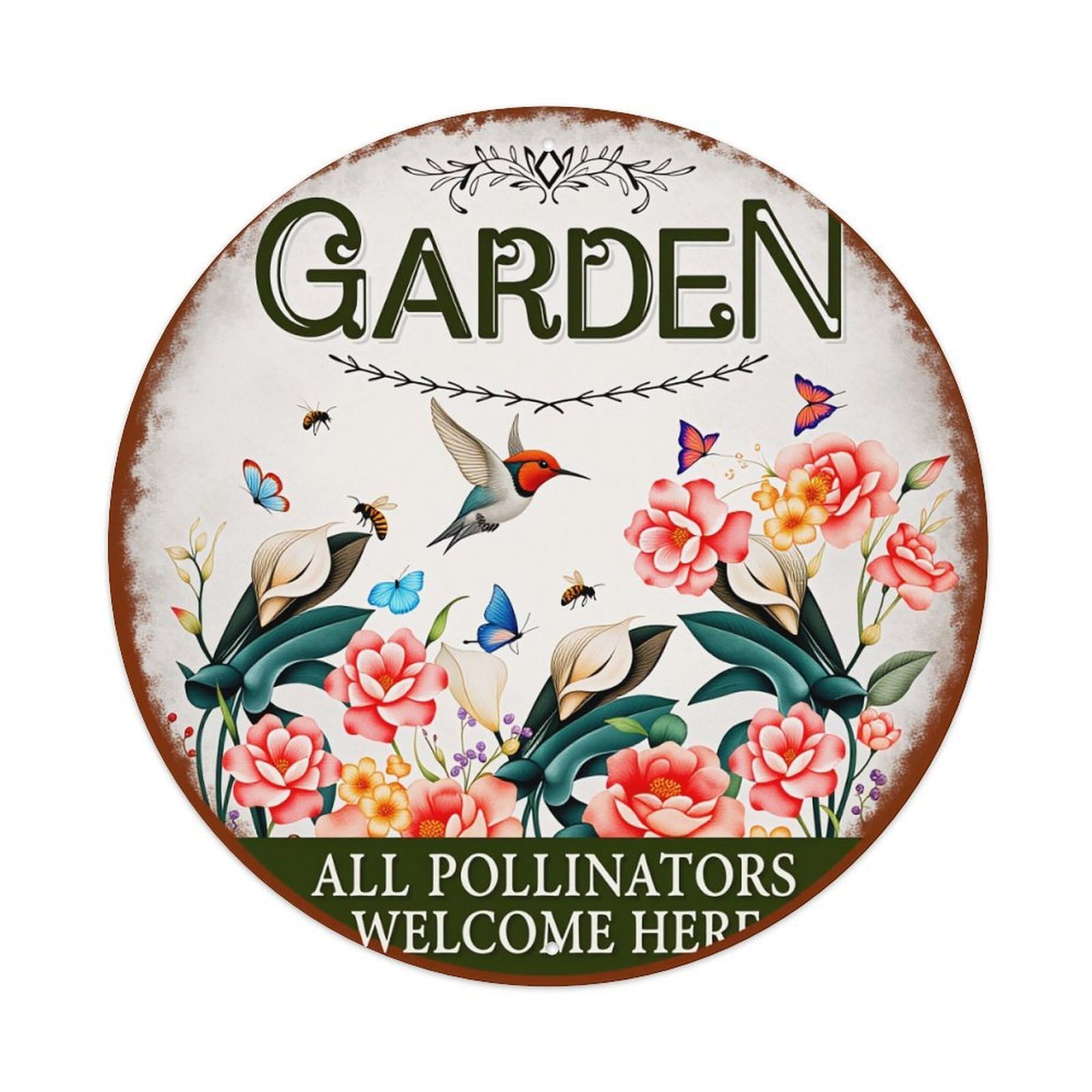 Garden Flowers Birds Butterflies Bees Pollinators Welcome Sign Round Vintage Tin Sign,Retro Wall Art,Metal Poster for Home, Bar, Garage, Cafe, Rustic Indoor & Outdoor Decor, 8x8 Inches