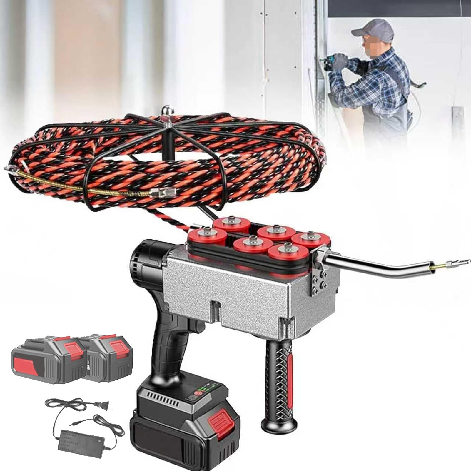Electric Cable Wire Threader,Hydroelectric Electrical Drill Wire Puller, Portable Threading Tools,for Construction and Hydropower Projects,for Home Electrical 15MeterLeadWire-2batteris(10cells)