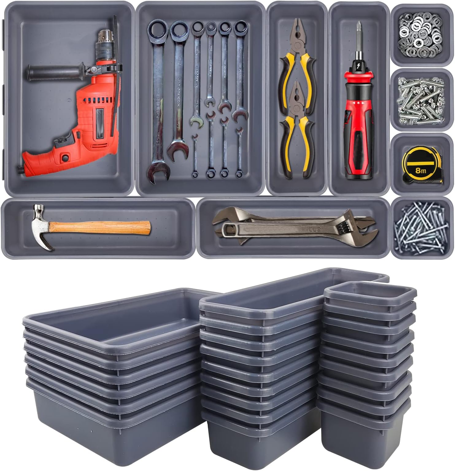 QPEY 24 Pack Tool Box Organizer Tray Dividers, Silverware Drawer Organizer, Tool Chest Cart Cabinet Workbench Desk Drawer Storage for Hardware, Parts