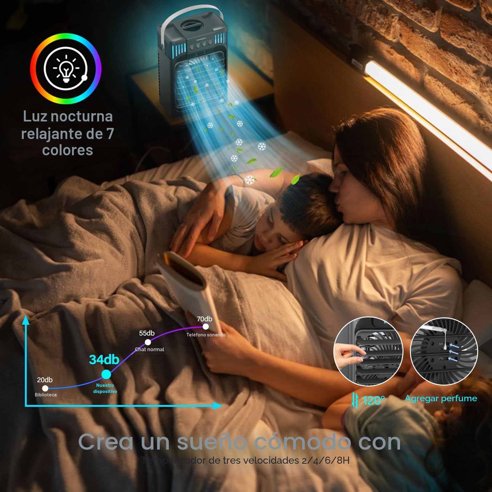 Aire acondicionado portátil con mando a distancia, silencioso con 3 velocidades, ventilador de refrigeración de 1200 ml, ventilador de aire personal con 3 nieblas, 7 luces nocturnas, temporizador de 8