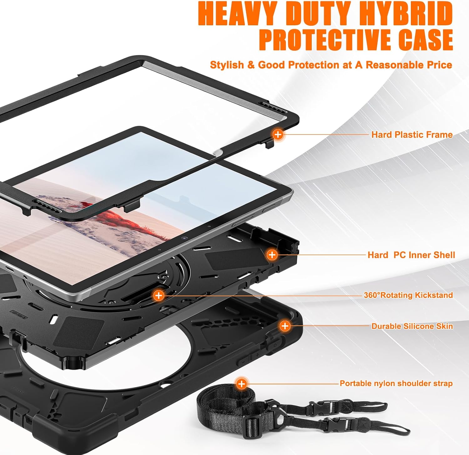 ZenRich Rugged Case for Surface Go 4 (2023)/Surface Go 3 (2021)/ Surface Go 2 (2020), Surface Go (2018) with Pen Holder Heavy Duty Shockproof Case with 360° Rotating Kickstand, Hand & Shoulder Strap
