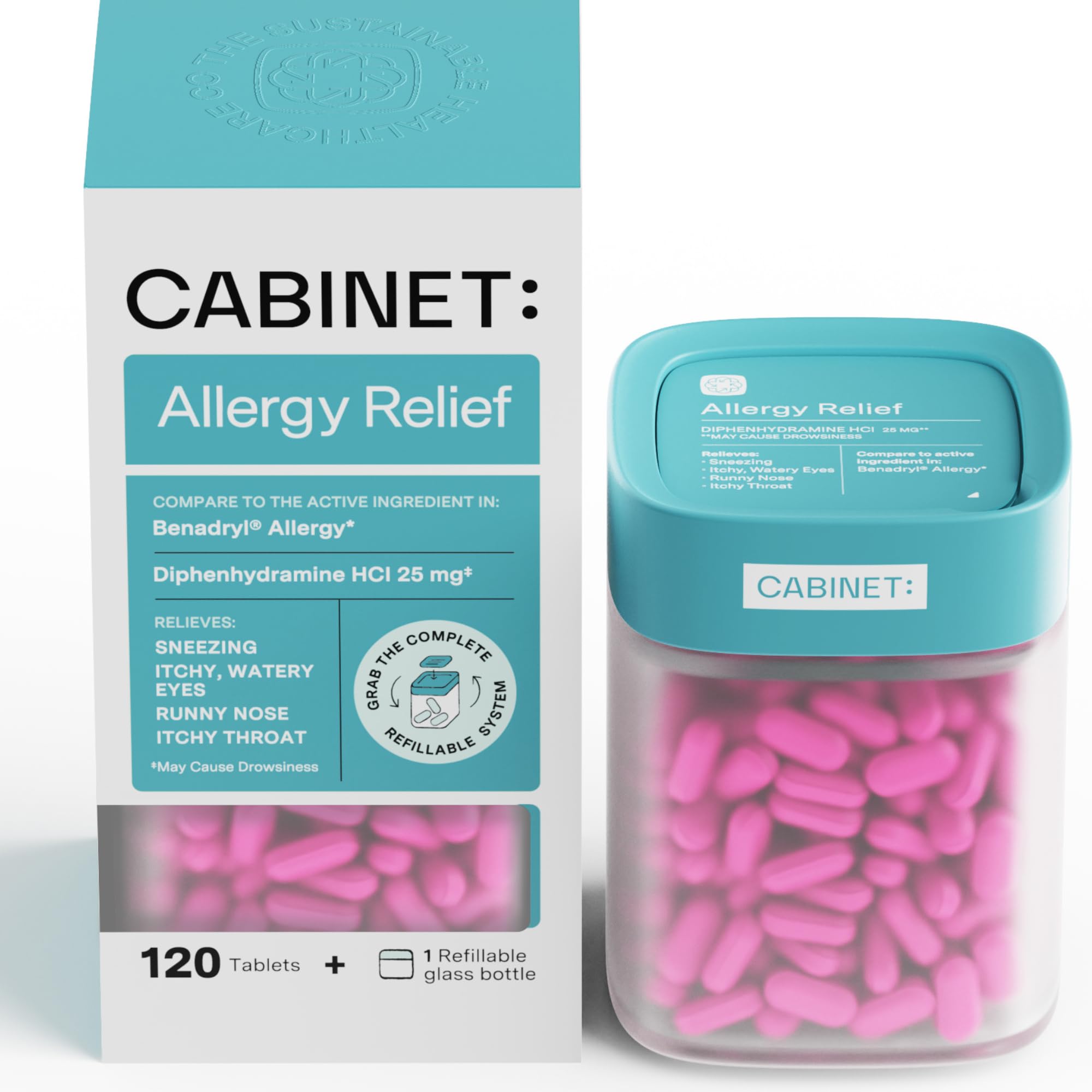 Cabinet: Diphenhydramine 25mg Allergy Relief Antihistamine Tablets for Allergies, Hay Fever, and Runny Nose, 120 Tablets w/Glass Jar (Starter Kit)