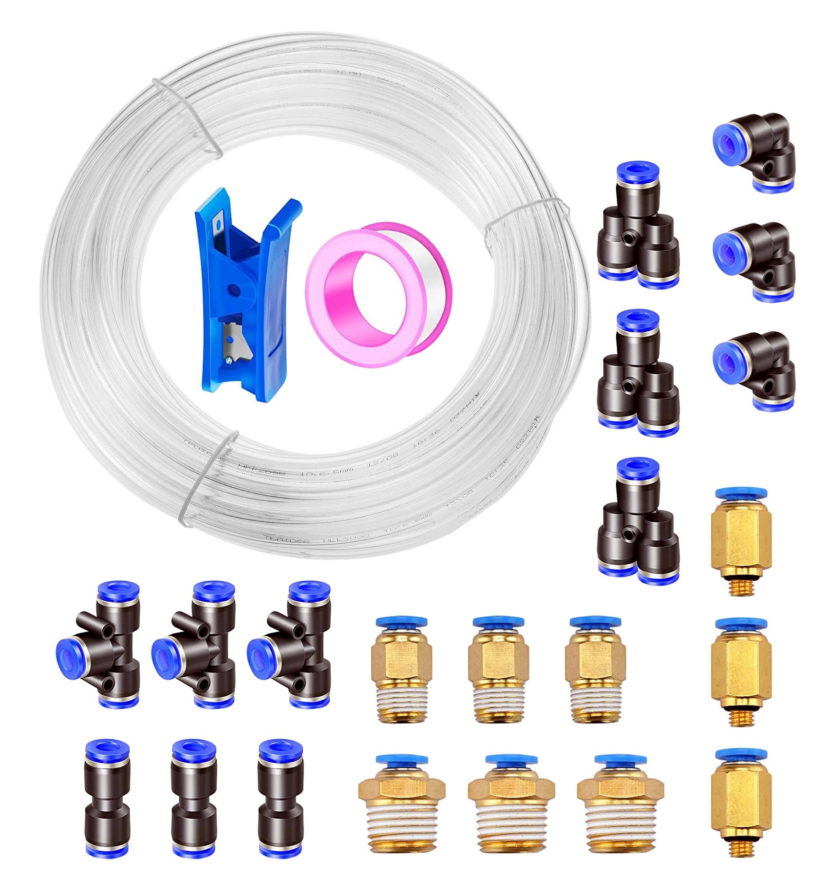 HUAZIZ 10m PolyuréthaneTuyau Pneumatique 8mm Trasparente,PU Tuyau Air,avec 14 Connecteur Pneumatique 5mm(noir 2 Droits,2 Coudes,2 Raccords EnT,2 Séparateurs EnY,6 Raccords Filetés Mâle,1 Coupe-Tuyau