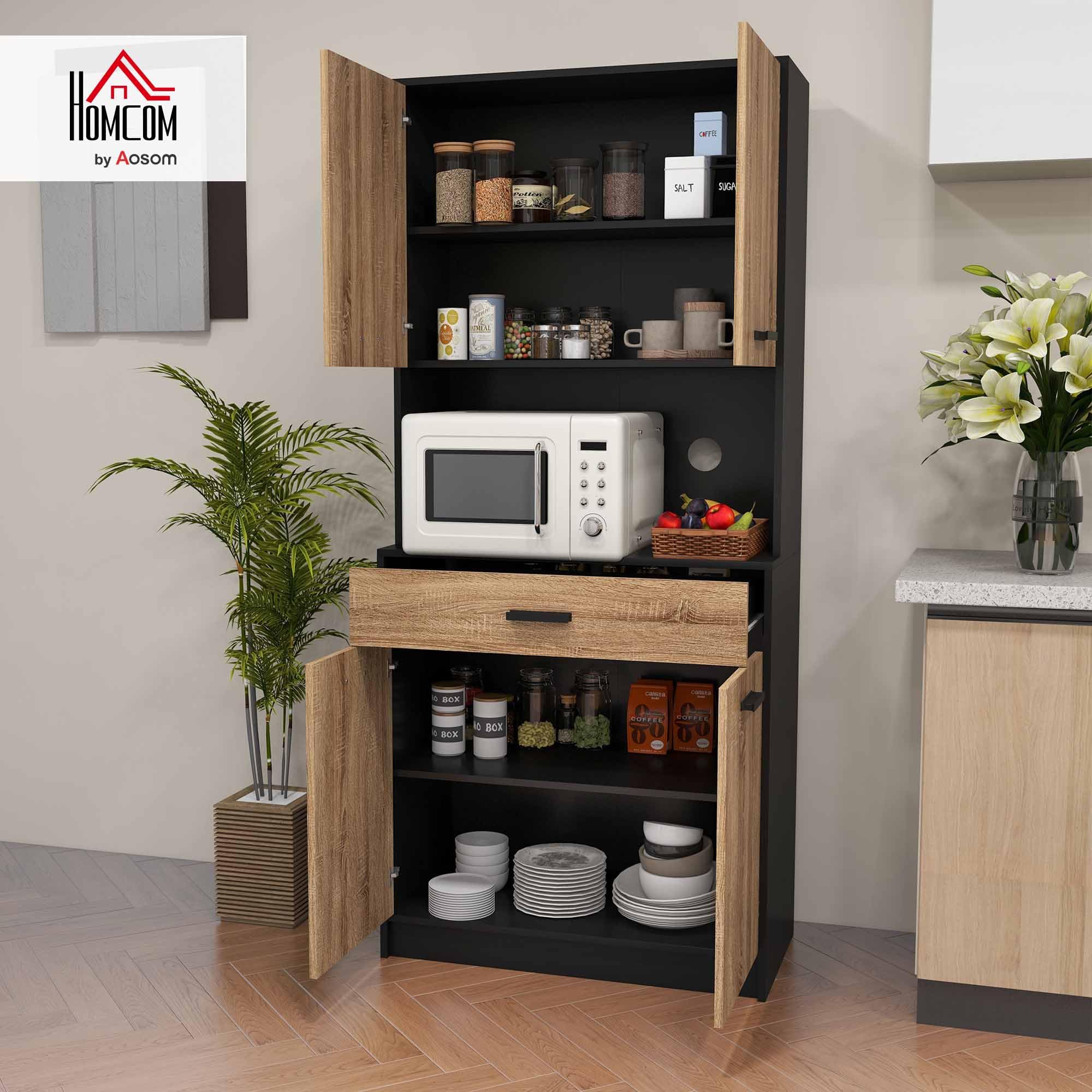HOMCOM Credenza Cucina 180 cm Mobile da Cucina con Ante Soft Close, Dispensa con Piano Portamicroonde e Foro Passacavi, Cassetto, Ripiani Regolabili, Nero e Color Legno