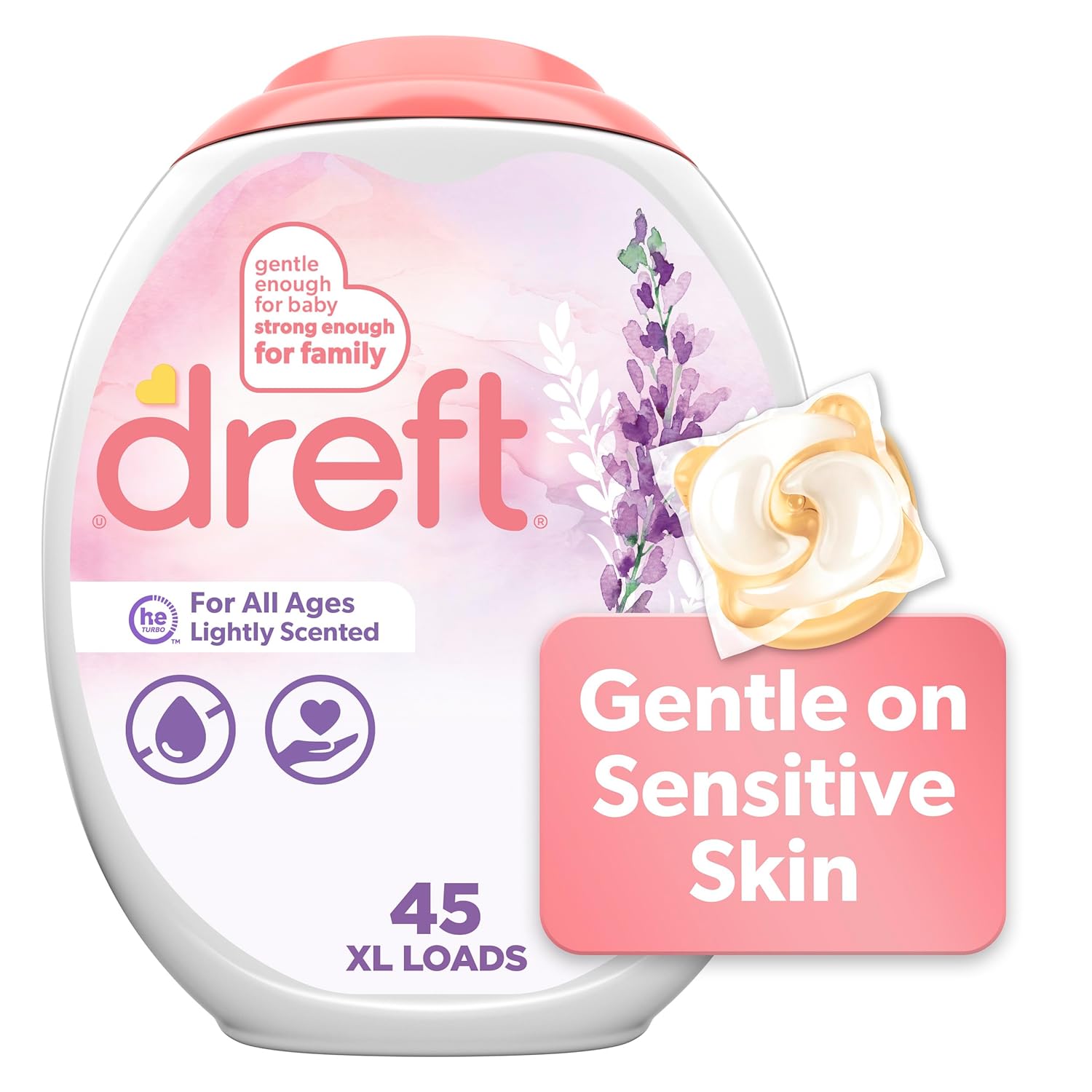 Dreft Laundry Detergent Pacs Lightly Scented Lavender For Baby and Family XL Pacs 45 Count