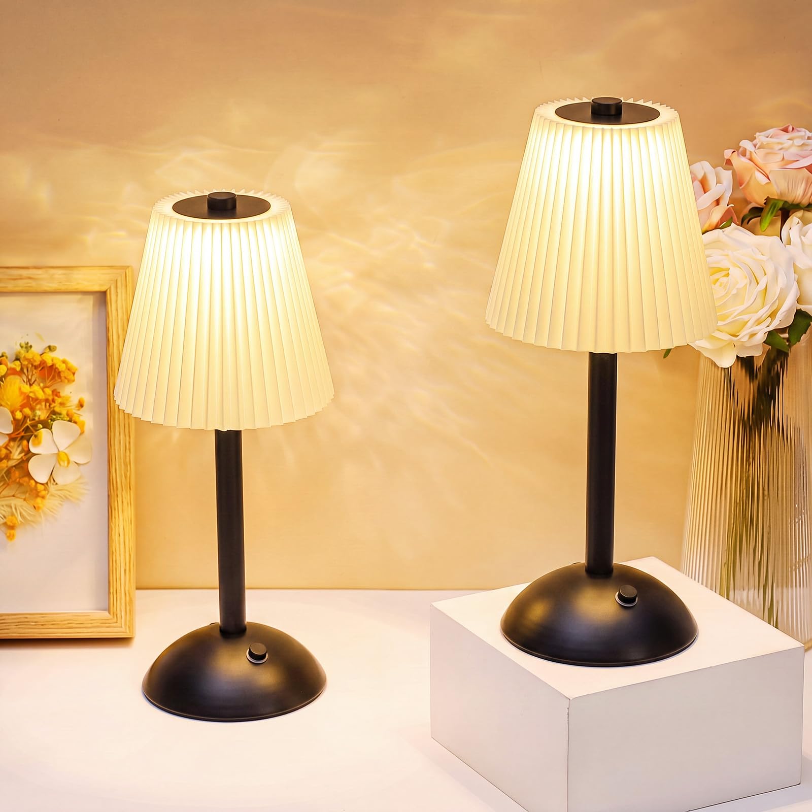 Liliful 2 Pcs Cordless Table Lamp LED Touch, Black, Beige Cloth Style