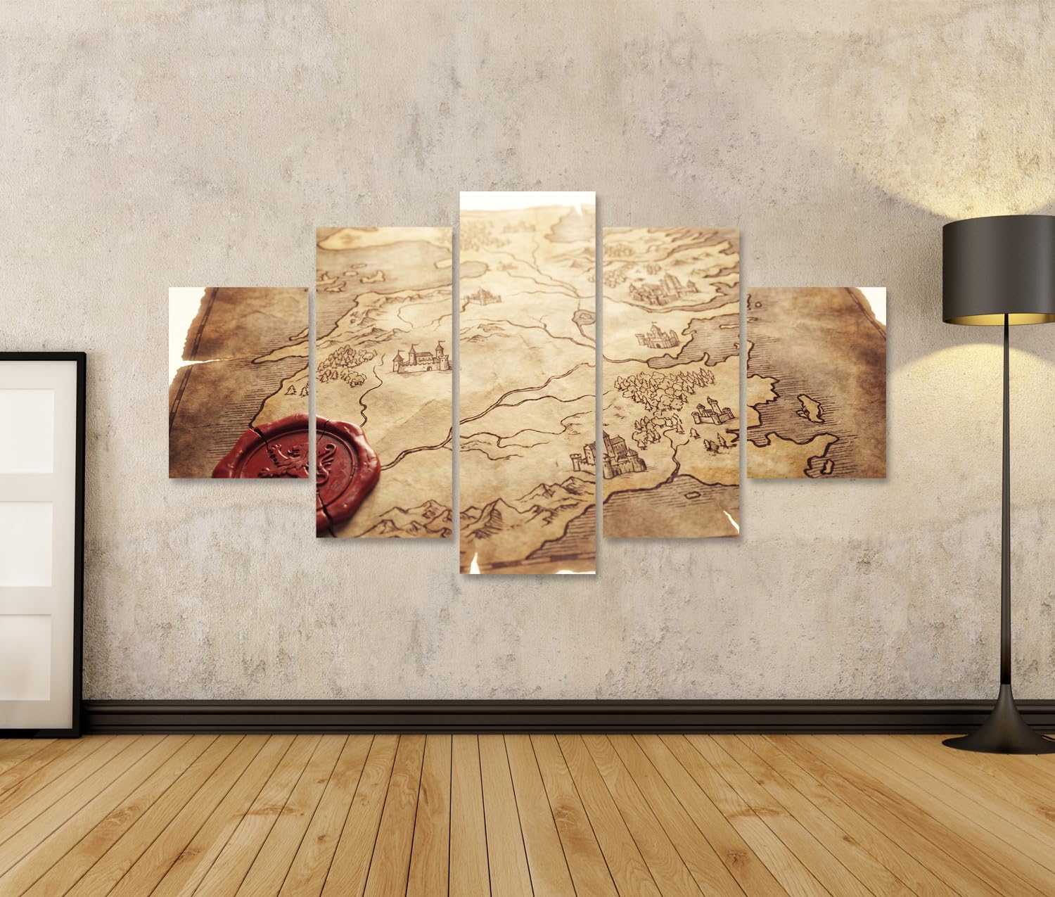 islandburner Quadro su tela con mappa mistica medievale, decorazione da parete per ufficio per gli amanti della storia, 5 pezzi